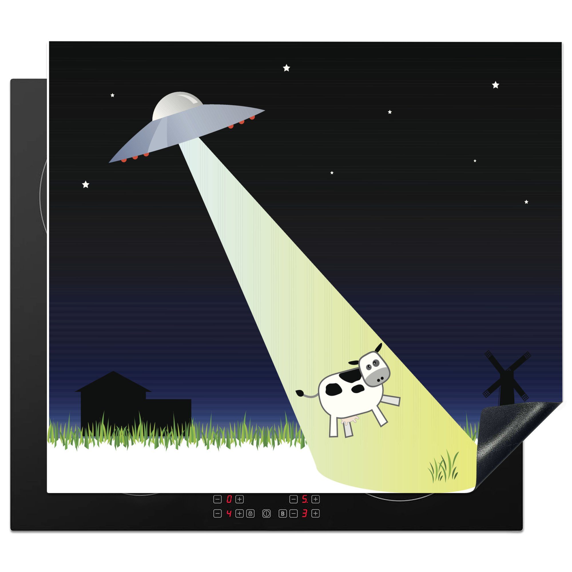 MuchoWow Herdblende-/Abdeckplatte Eine Illustration eines UFOs, das eine Kuh entführt - Jungen - Mädchen, Vinyl, (1 tlg), 60x52 cm, Mobile Arbeitsfläche nutzbar, Ceranfeldabdeckung