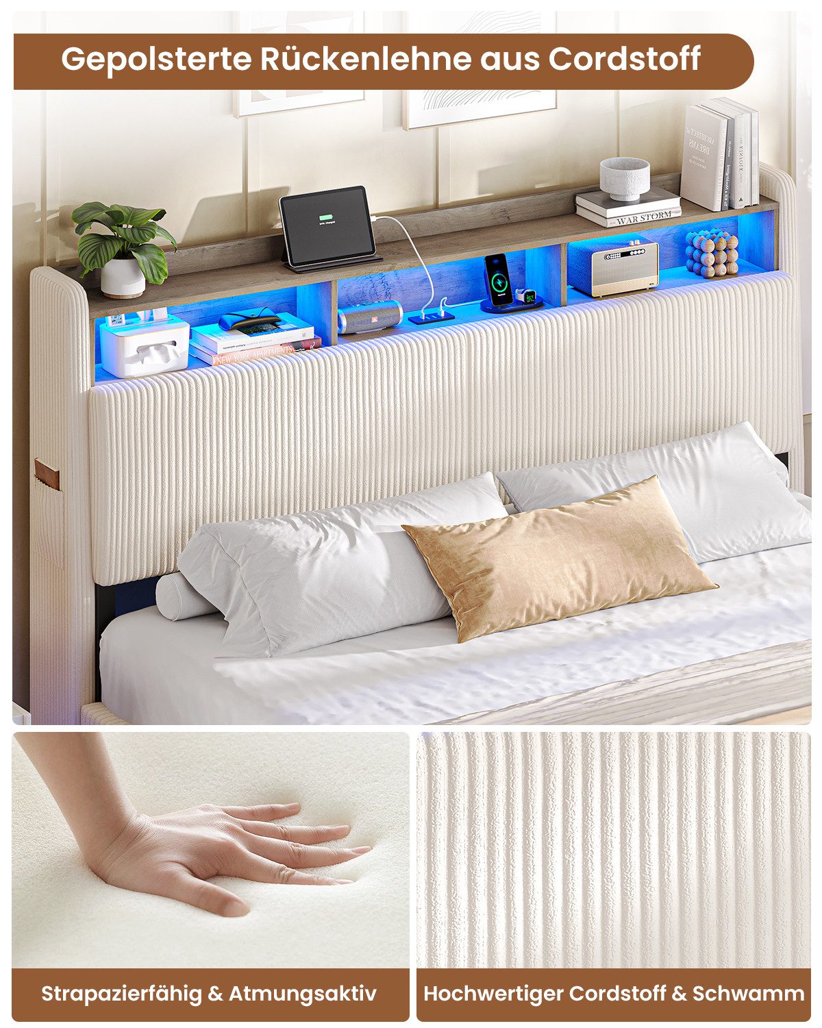 MSMASK Polsterbett Schwebebett mit 270°-LED-Beleuchtung, USB & Type-C Ladestation (Ohne Matratze), Doppelbett mit Stauraum-Kopfteil 160x200 cm – Bild 4 von 5