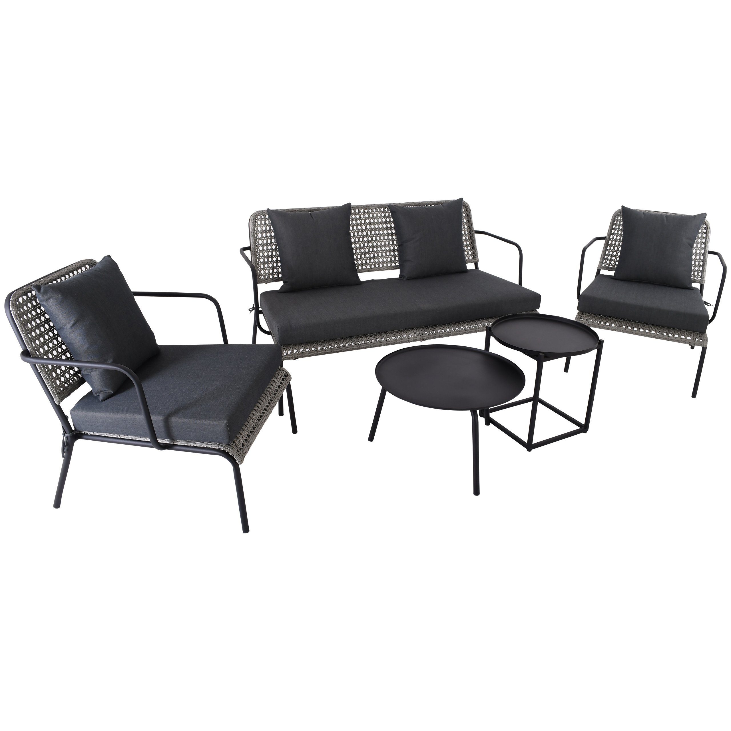 Raburg Gartenlounge-Set Premium Sitzgruppe Anisa, Poly-Rattan, Polster in Dunkel-Grau-Meliert, (5-teilig, 2 Sessel & 1 Sofa & 2 Lounge-Tische), Gestell aus Metall in Seiden-Schwarz, belastbar 120 kg pro Sitzfläche