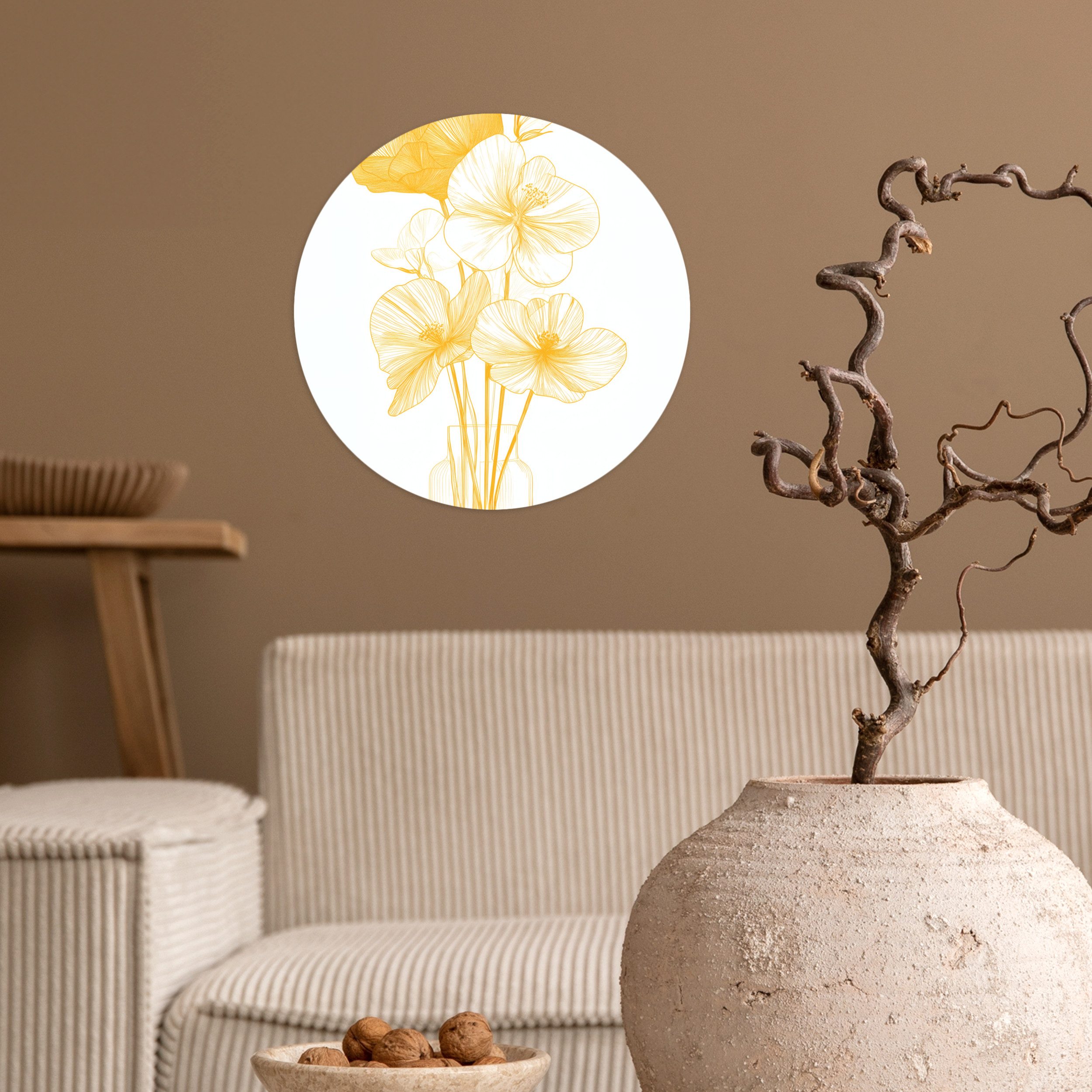 MuchoWow Wandsticker Strichzeichnung - Blumen - Gelb - Vase (1 St), Wandtattoo Selbstklebend, Wohnzimmer Deko Aufkleber, 30x30 cm