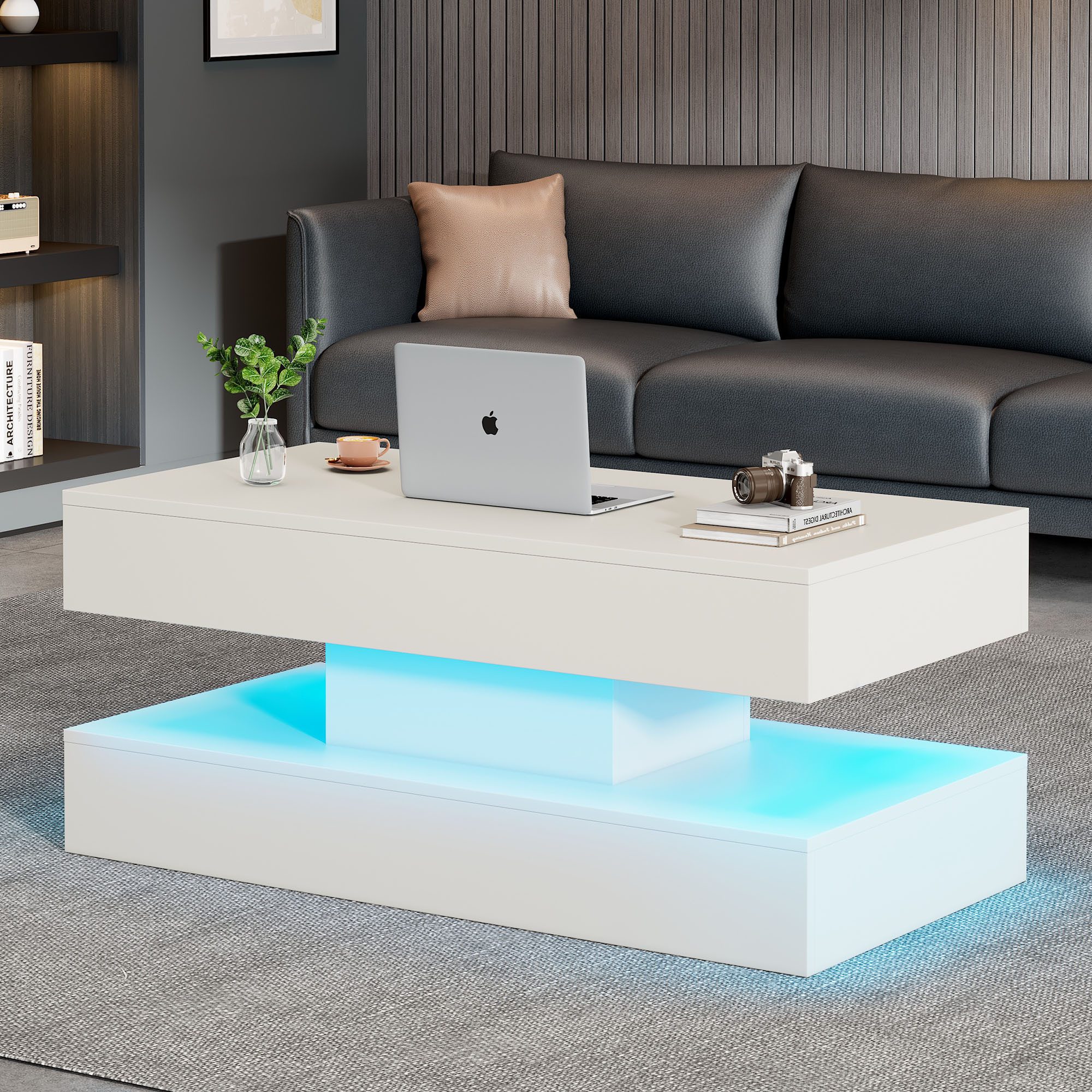 OKWISH Couchtisch Beistelltisch mit hydraulischem Hub (Satztisch, Wohnzimmertisch, 1-St., 50 kg belastbar), mit LED-Beleuchtung und verstecktem Stauraum