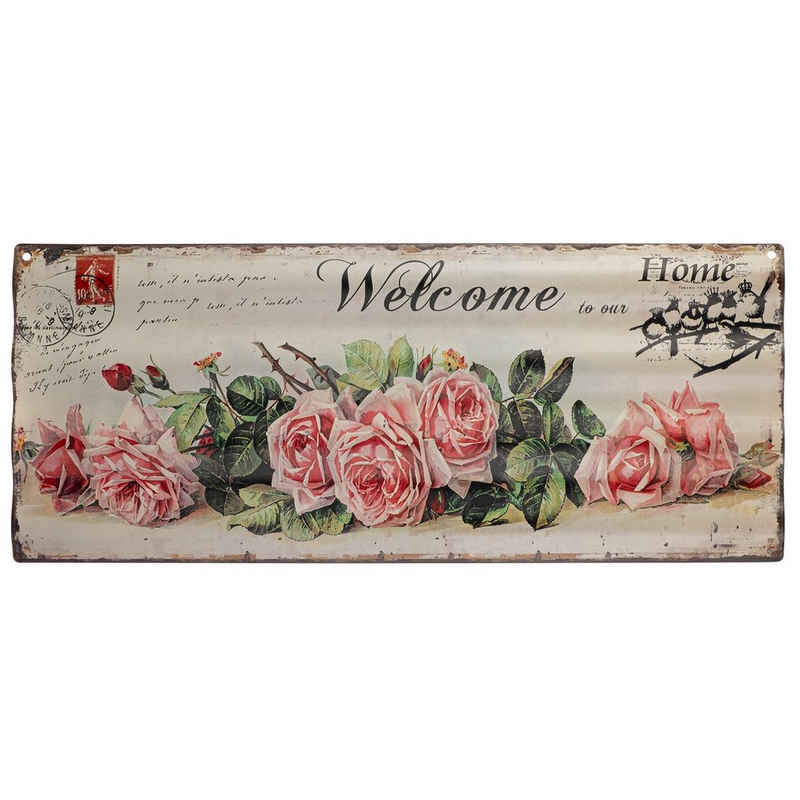 Moritz Metallschild Welcome Home Rosen Willkommen Zuhause, Blechschild 59 x 24 cm Retro Vintage Wand Schild Küche