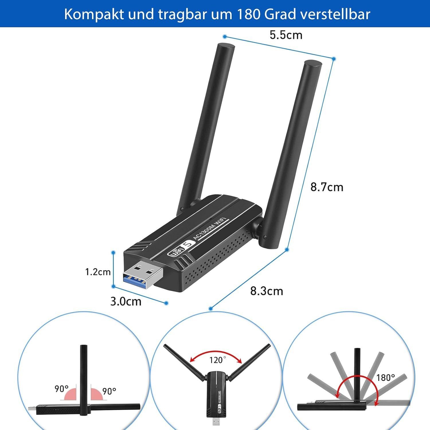 kowdom WLAN-Stick WLAN USB Stick 1300Mbps Dual Band 5dBi Antenne für PC Laptop, 1300Mbit/s, Dual Band, USB 3.0, 5dBi Antenne