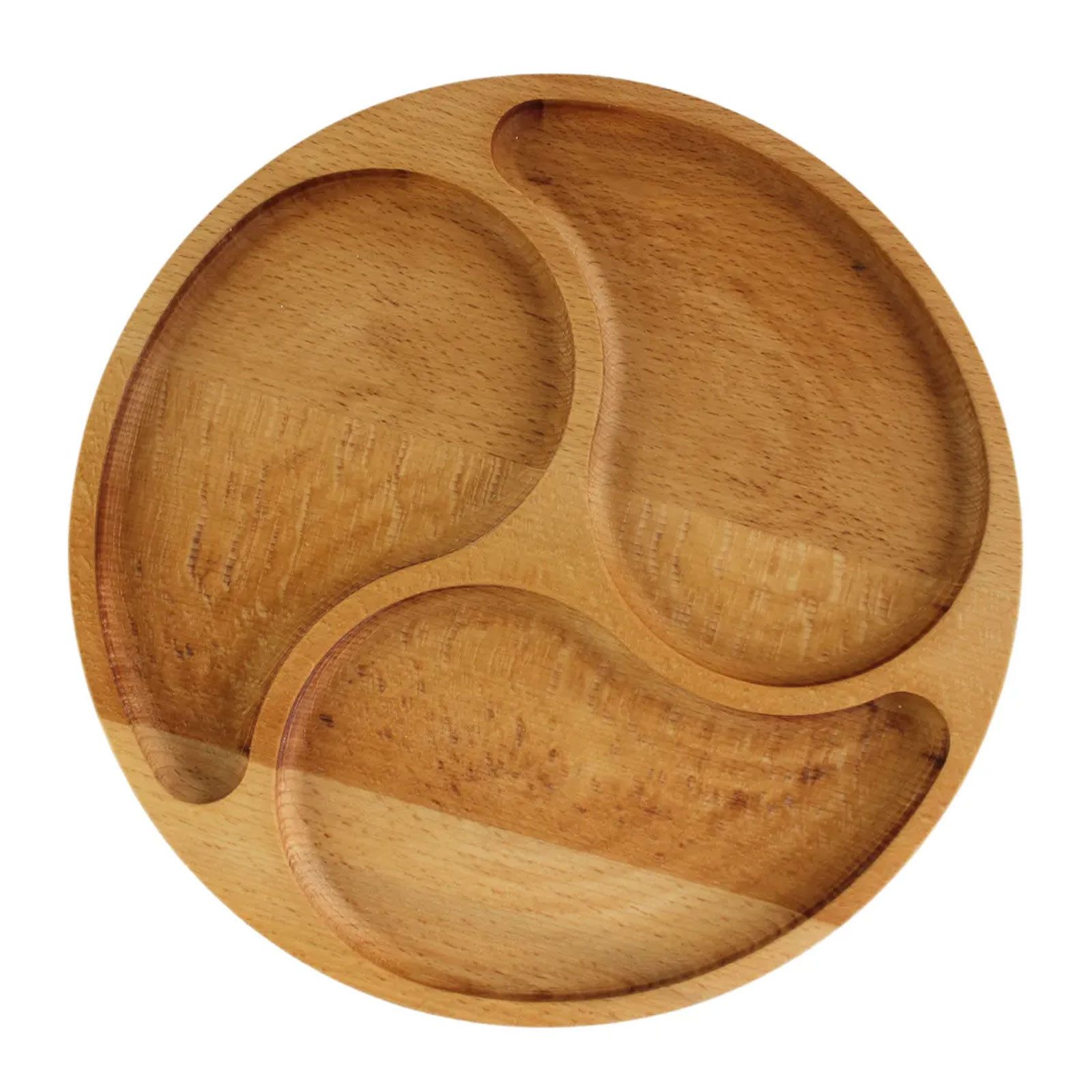 BRIZOLL Kochbesteck-Set Ø25cm Servierplatte aus natürlichem Holz (mit 3 geteilten Fächern), Board