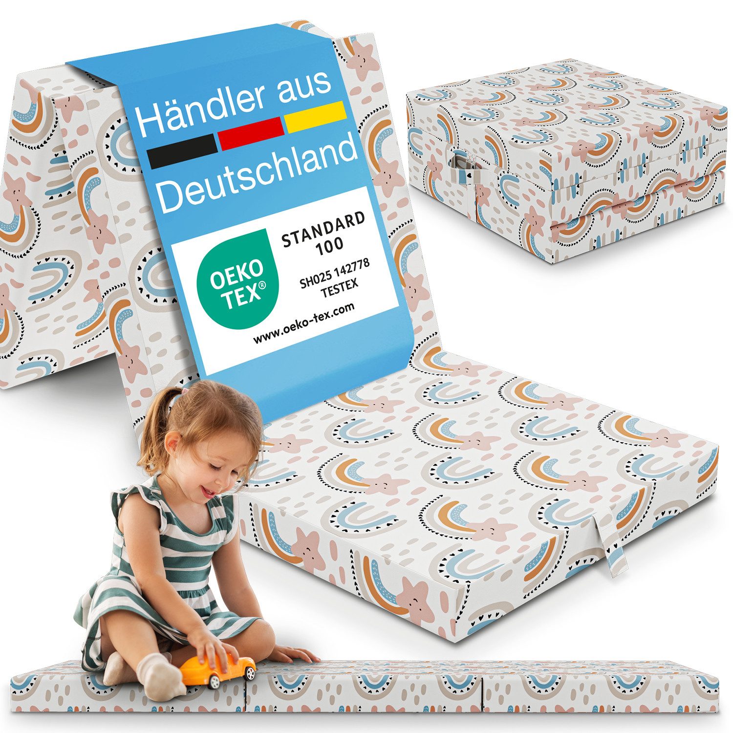 Klappmatratze Faltbare Kinder- & Erwachsenen-Reisematratze für Camping und Reisen, ELONEO, 9 cm hoch, verschied. Motive, inkl. Griff & Halteband