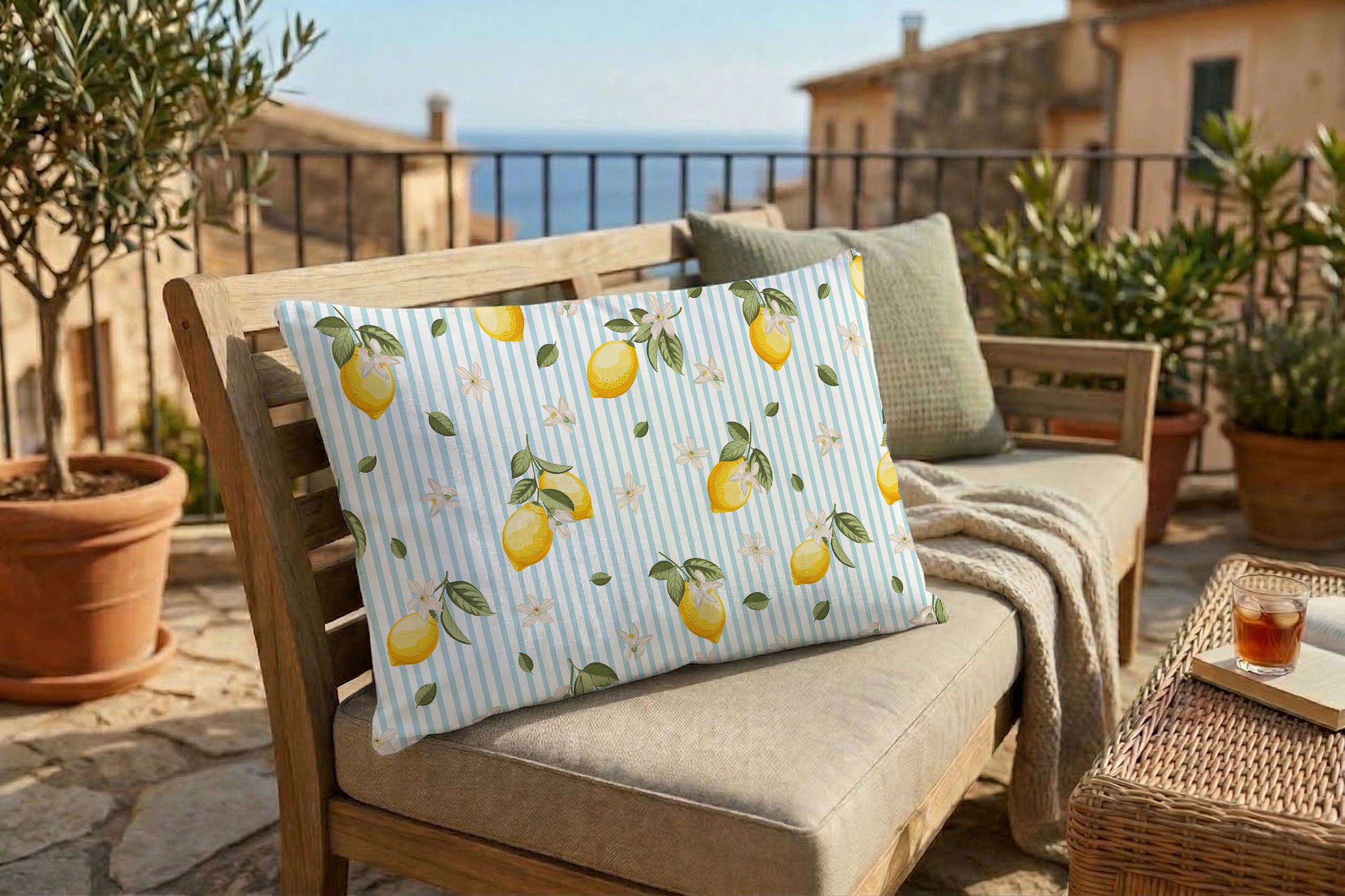 queence Dekokissen Zitronen Hellblau, Premium Outdoor Kissenbezug; Format: 60x40 cm