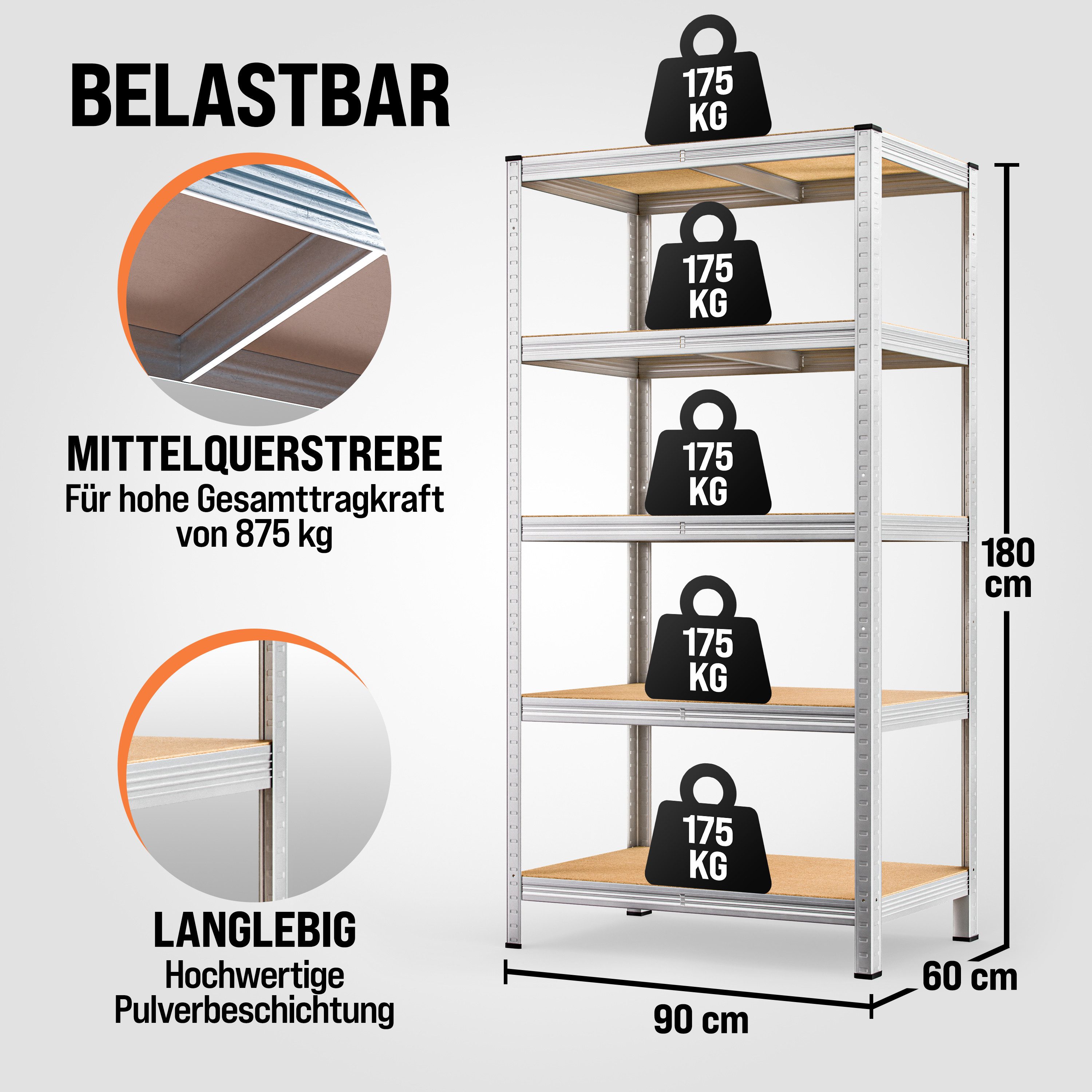 monzana Schwerlastregal, 2x XL 180x90x60cm 875kg 5 MDF-Platten Regal Lagerregal Kellerregal