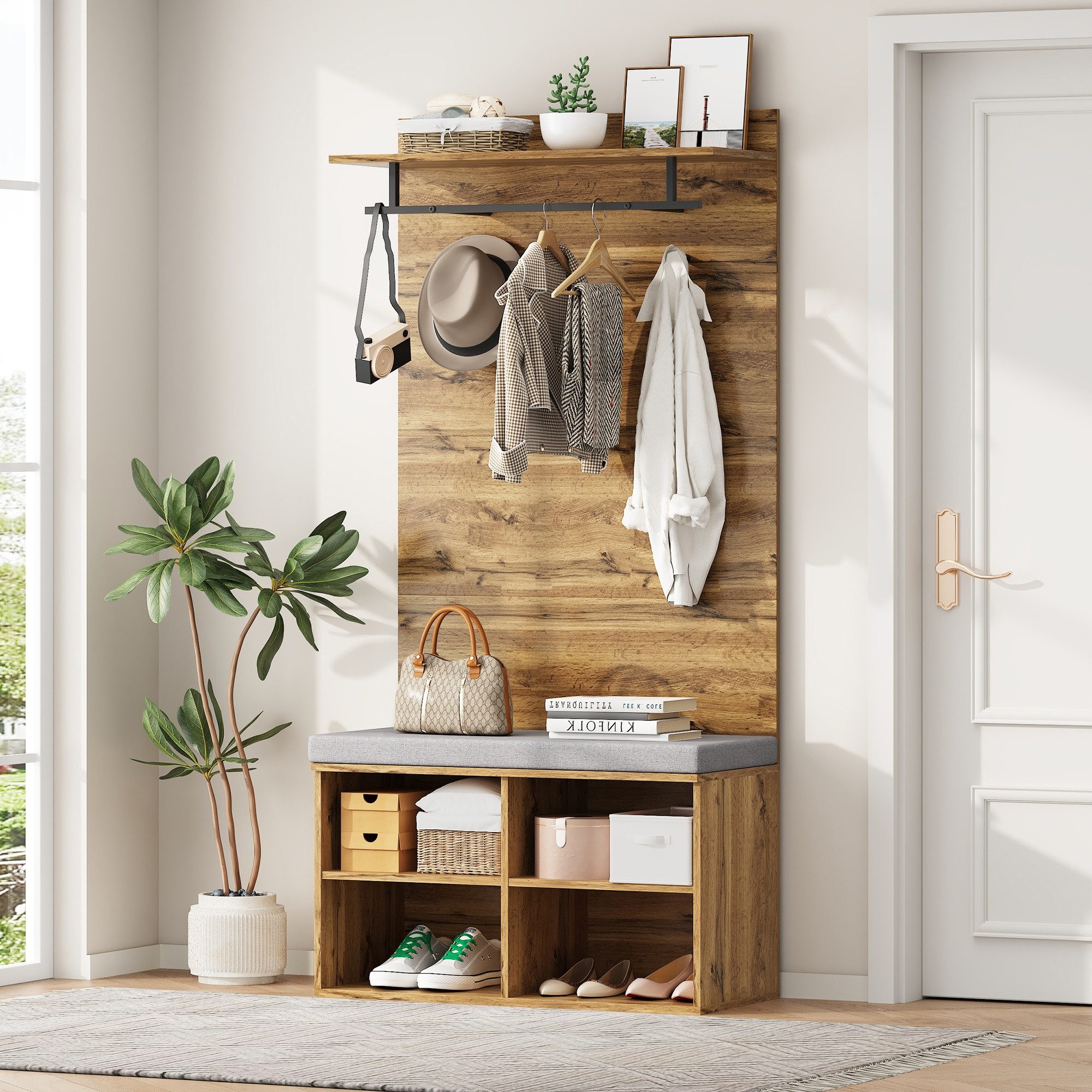 IDEASY Garderoben-Set Flurgarderobe aus Holz, Garderobenset, 84 x 35 x 175 cm, Flurmöbel, mit gepolsterter Schuhbank, verstellbarem Regal, Hängeregal