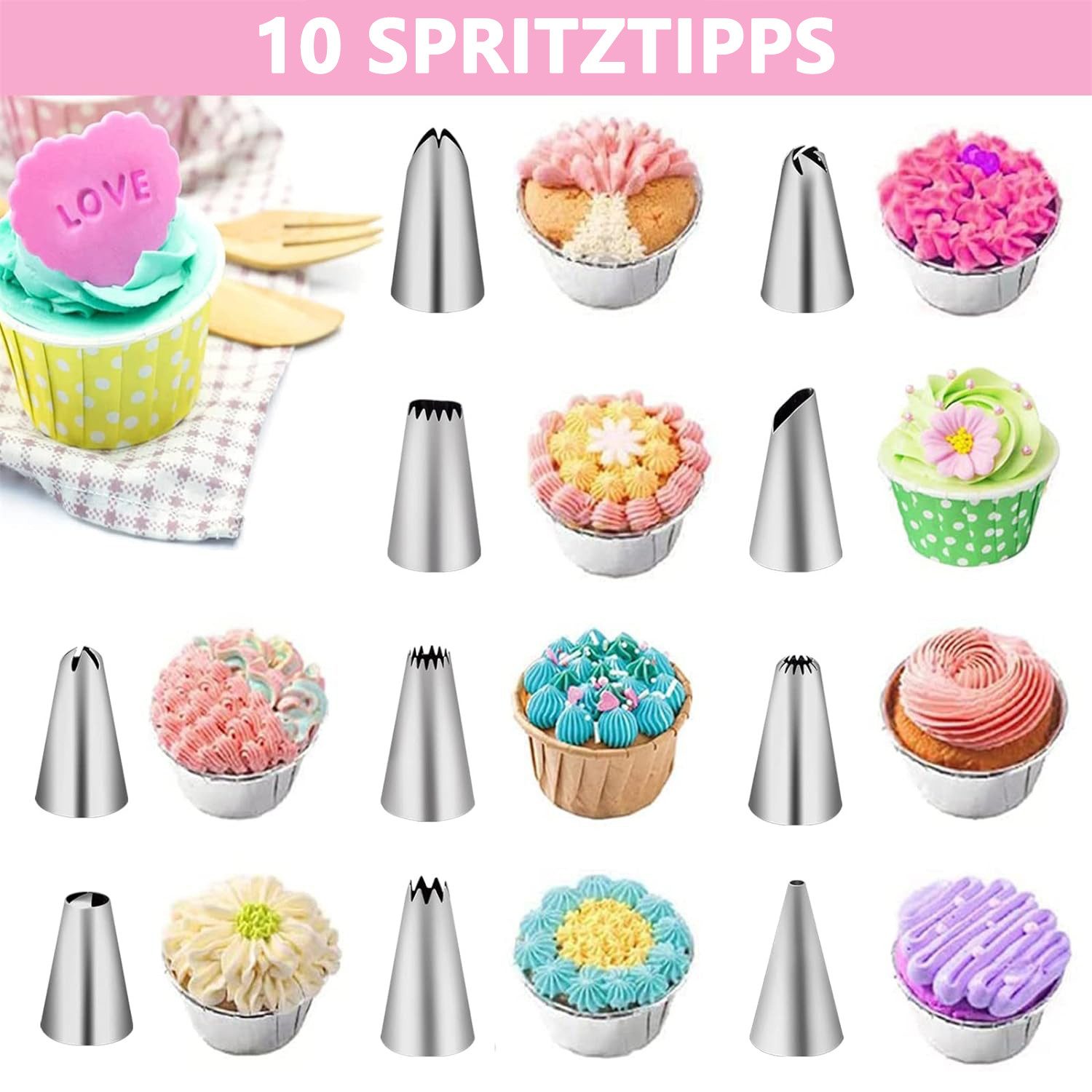 REDOM Spritzbeutel Spritztüllen Set Tortendekorationsset (40-tlg., mit Edelstahltüllen Silikon Spritzbeutel Einwegbeuteln Kupplungen usw) für Cupcakes Kuchen Gebäck Buttercreme Zuckerguss Sahne Marmelade usw.