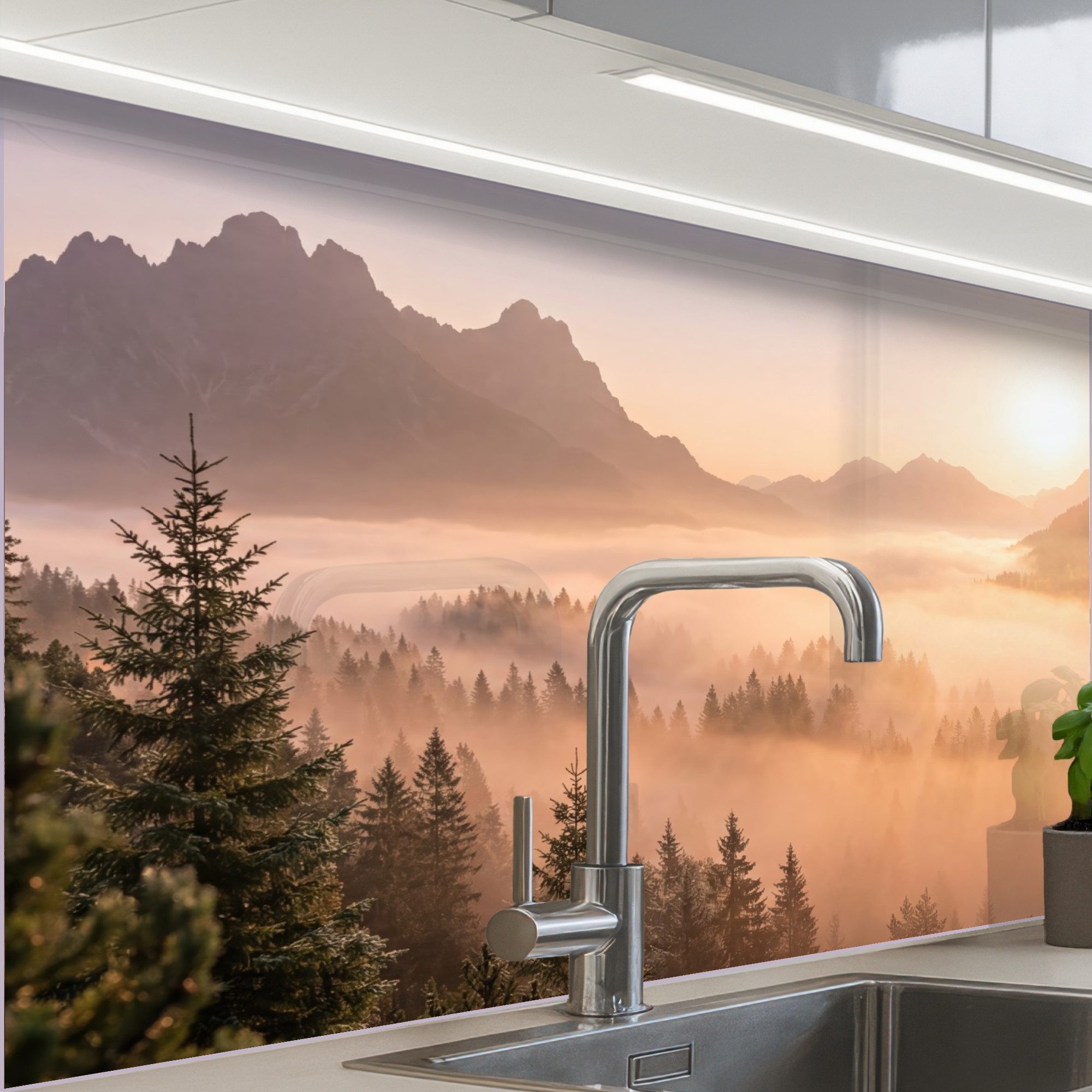 KitchenYeah Küchenrückwand Muster selbstklebend (keine Folie) Sonnenlicht - Nebel - Berge - Bäume, (1-tlg), Spritzschutz, Küche, Rückwand, Küchenwand, Küchenfront, 30x20 cm