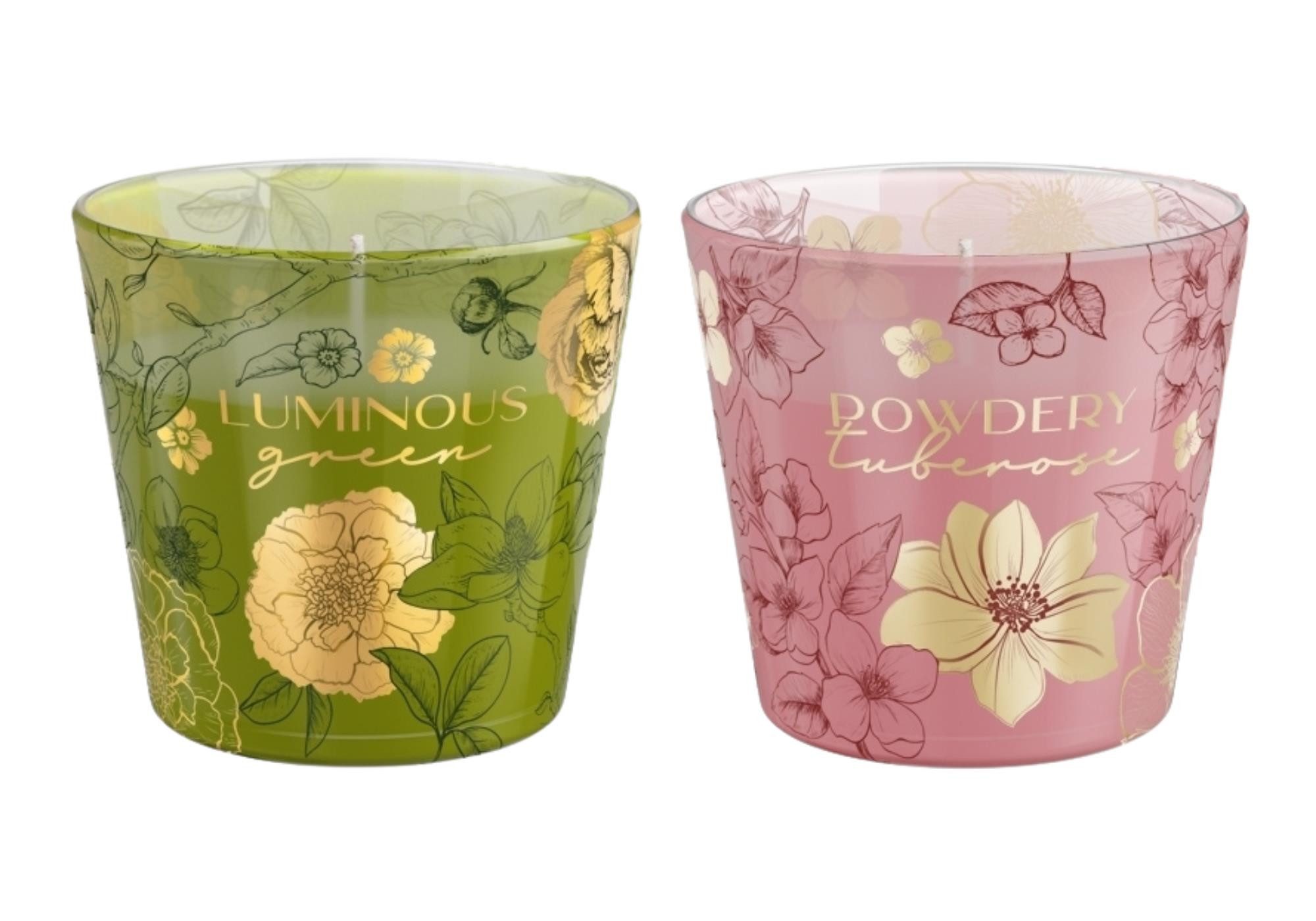 Dekohelden24 Duftkerze Kerzen im Glas in verschiedenen Varianten (2er Set, 2-tlg), Fruchtig-blumige Duftmischung, eleganter Glasbehälter