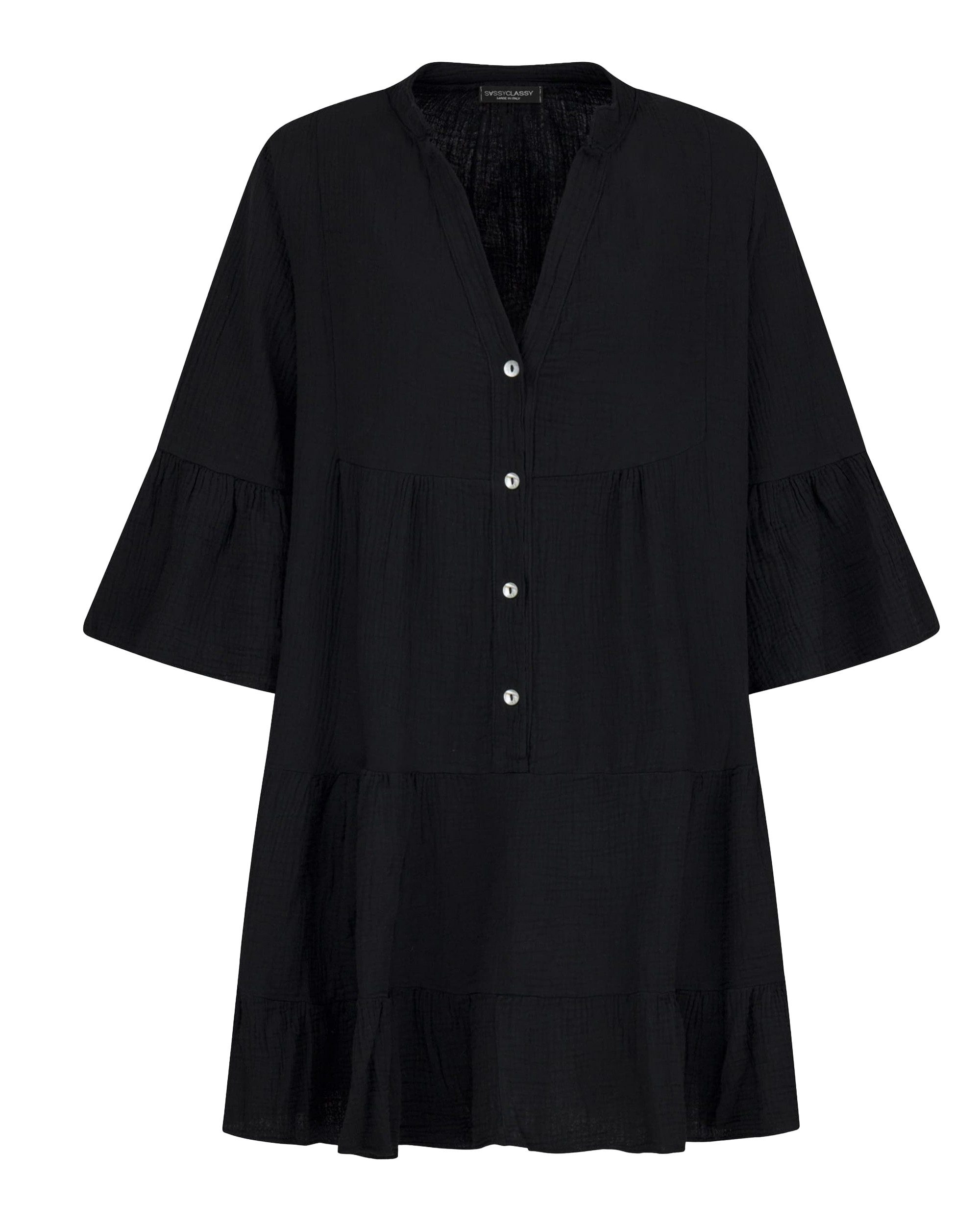 SASSYCLASSY Minikleid Musselin Sommer Kleid 3/4 Ärmel und Volants, 100 % Baumwolle, Made in Italy