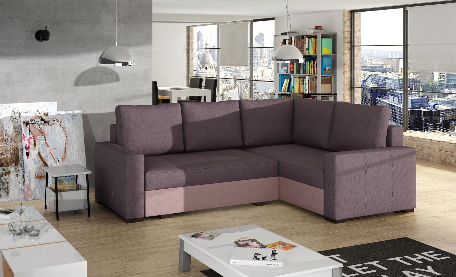JVmoebel Ecksofa, Design Ecksofa Schlafsofa Bettfunktion Couch Leder Lila / Helllila