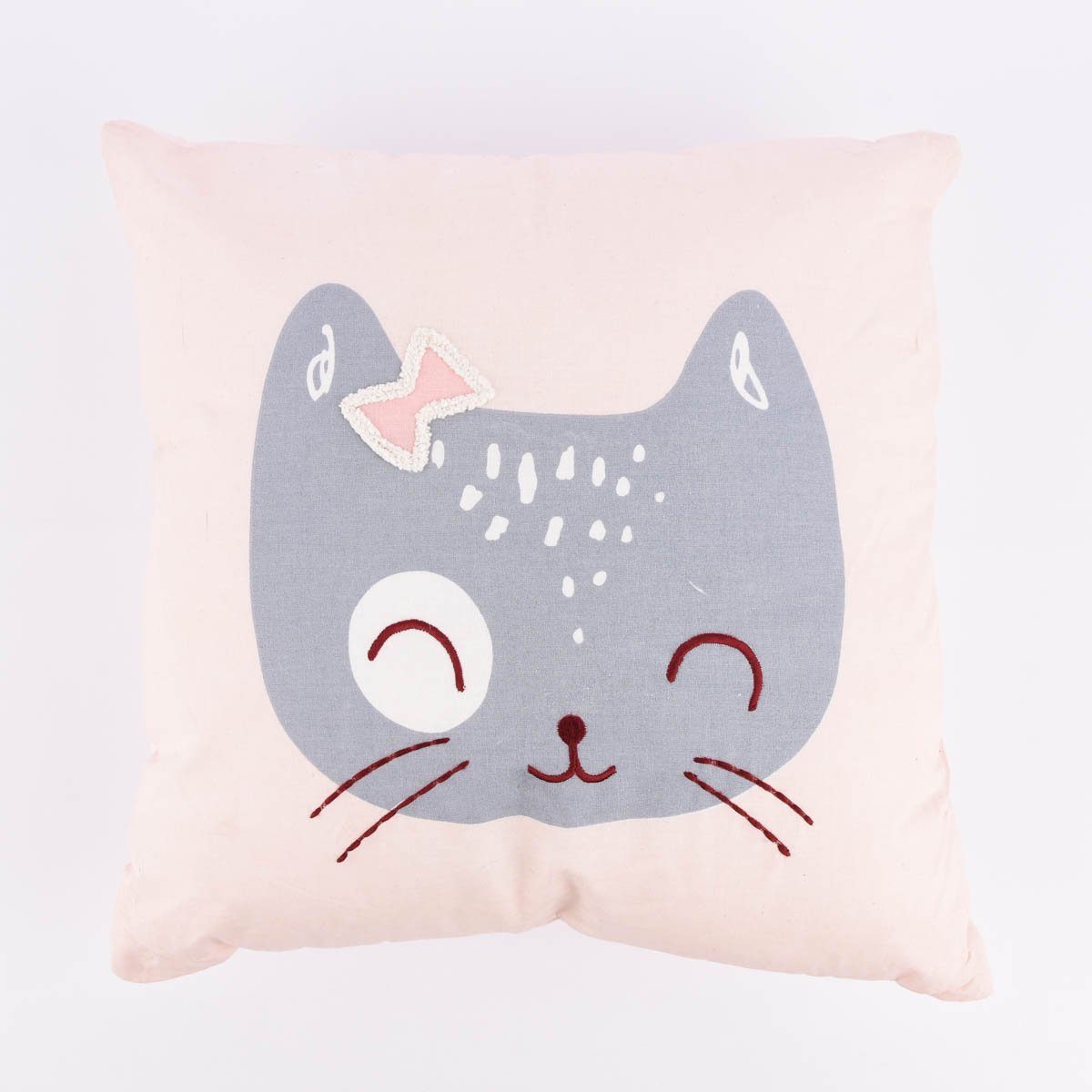 SCHÖNER LEBEN. Dekokissen Kinderkissen Baumwolle Kätzchenprint Stickereidetails rosa grau 40x40, bestickt,pflegeleicht