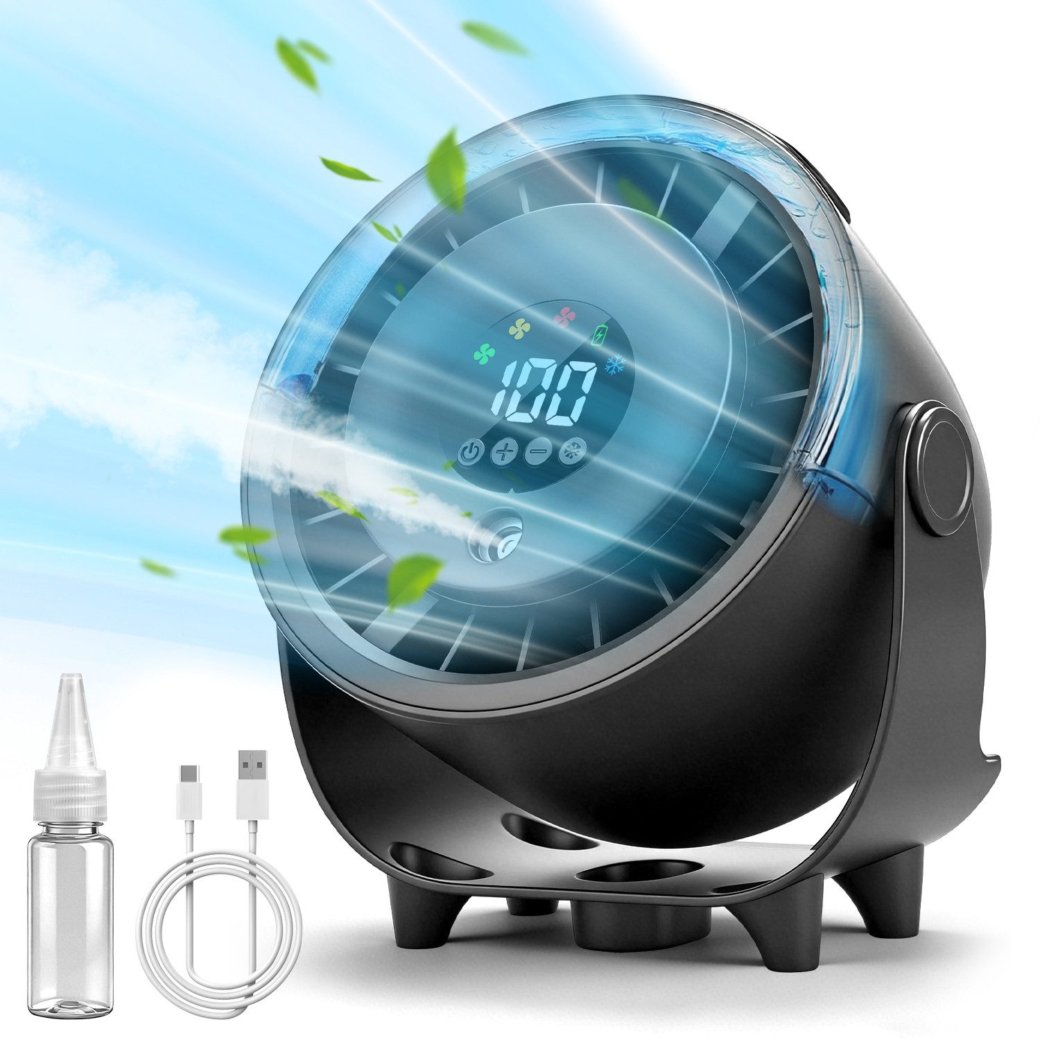 CkeyiN Pro Tischventilator tragbar,leiser Mini-Ventilator,mit Sprühkühlung,30dB, 55ml Tank, 100 Speeds,Wandmontage,mit LED-Anzeige,180° Neigung, für Büro,Zuhause