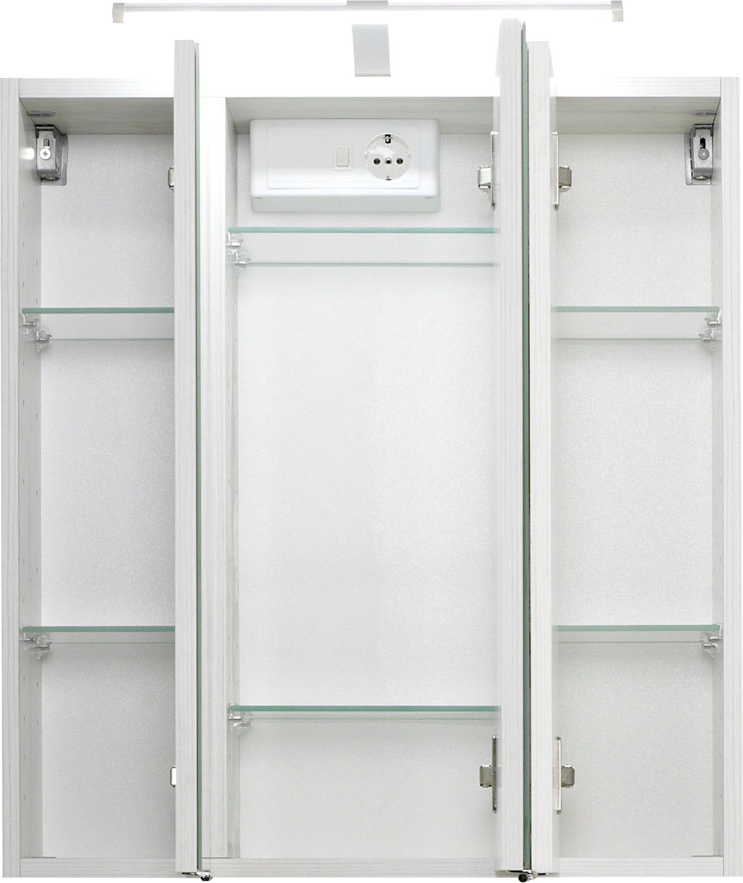 welltime Badmöbel-Set "Trento", Badezimmer-Set, Waschbeckenunterschrank, Spiegelschrank, (2-St), inkl. LED Aufbauleuchtung Schalter/Steckdose, Möbel Made in Germany