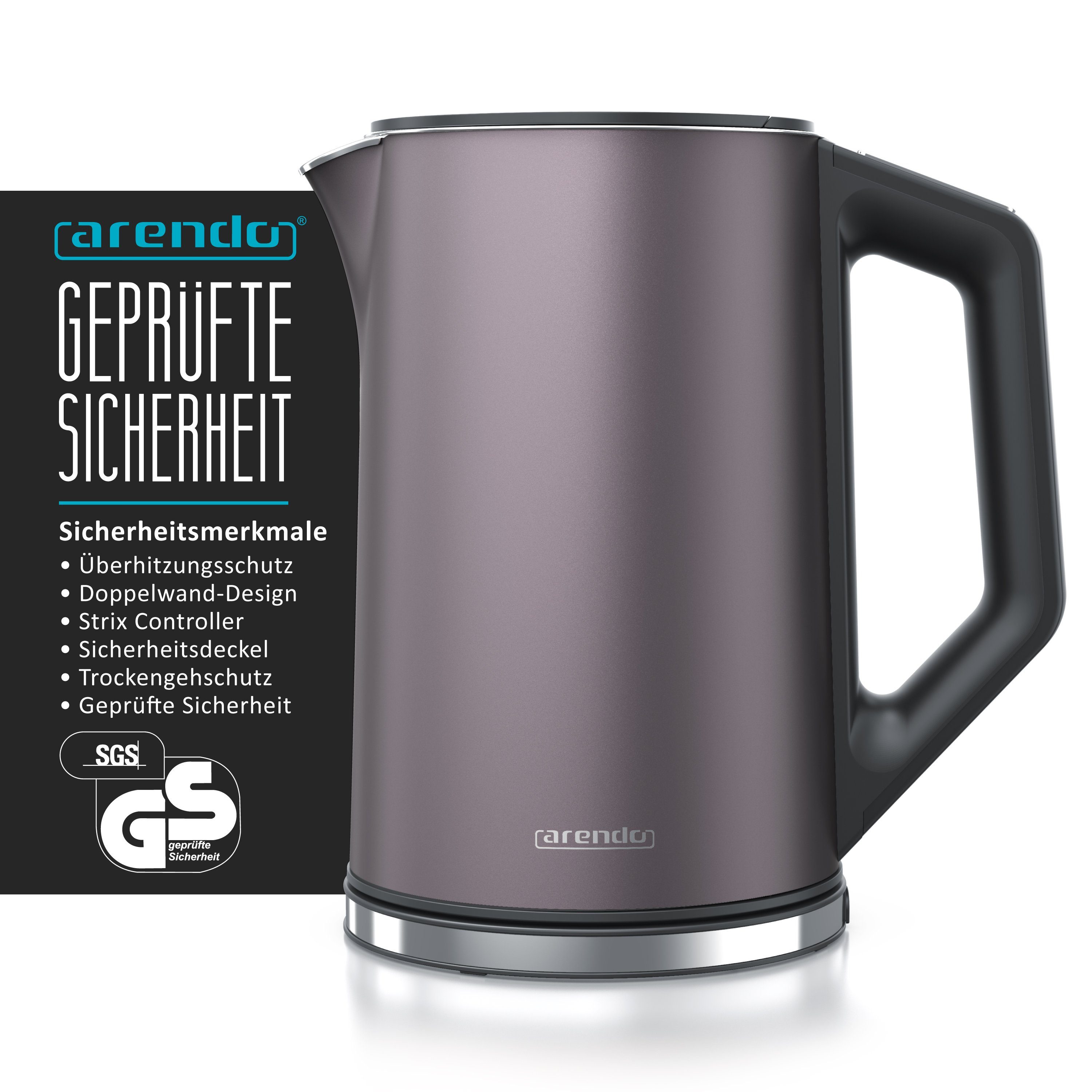 Arendo Wasserkocher aus Edelstahl, Temperatureinstellung 40°–100°C mit Anzeige, Doppelwand, 1,5 l, 2200 W, Teekocher mit Temperaturanzeige, in 5 °C-Schritten einstellbar