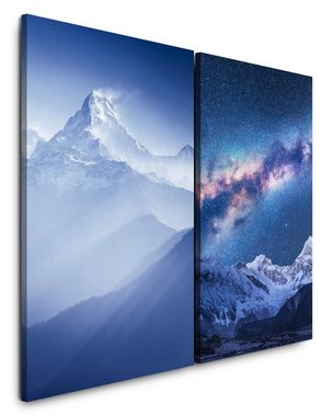 Sinus Art Leinwandbild 2 Bilder je 60x90cm Berggipfel Schneegipfel Himalaja Sterne Milchstraße Galaxie Astrofotografie