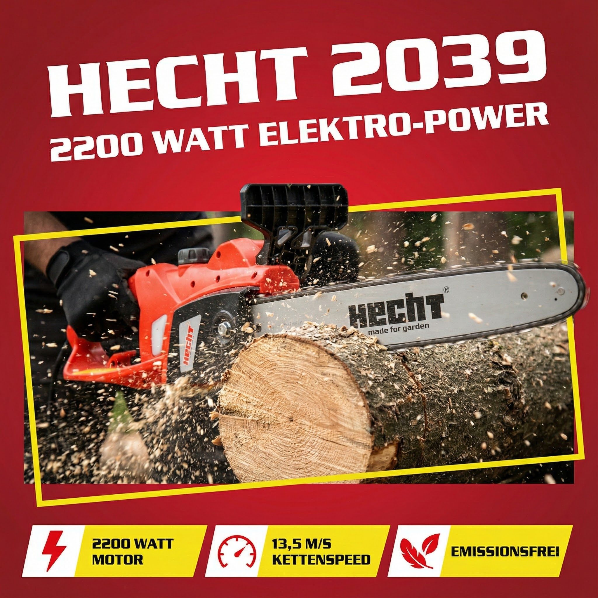 Hecht Elektro-Kettensäge Motorsäge 2039, 2200W, 13,5 m/s, 230V, 40 cm Schwertlänge, 4,2 kg, Kettenteilung 3/8 Zoll