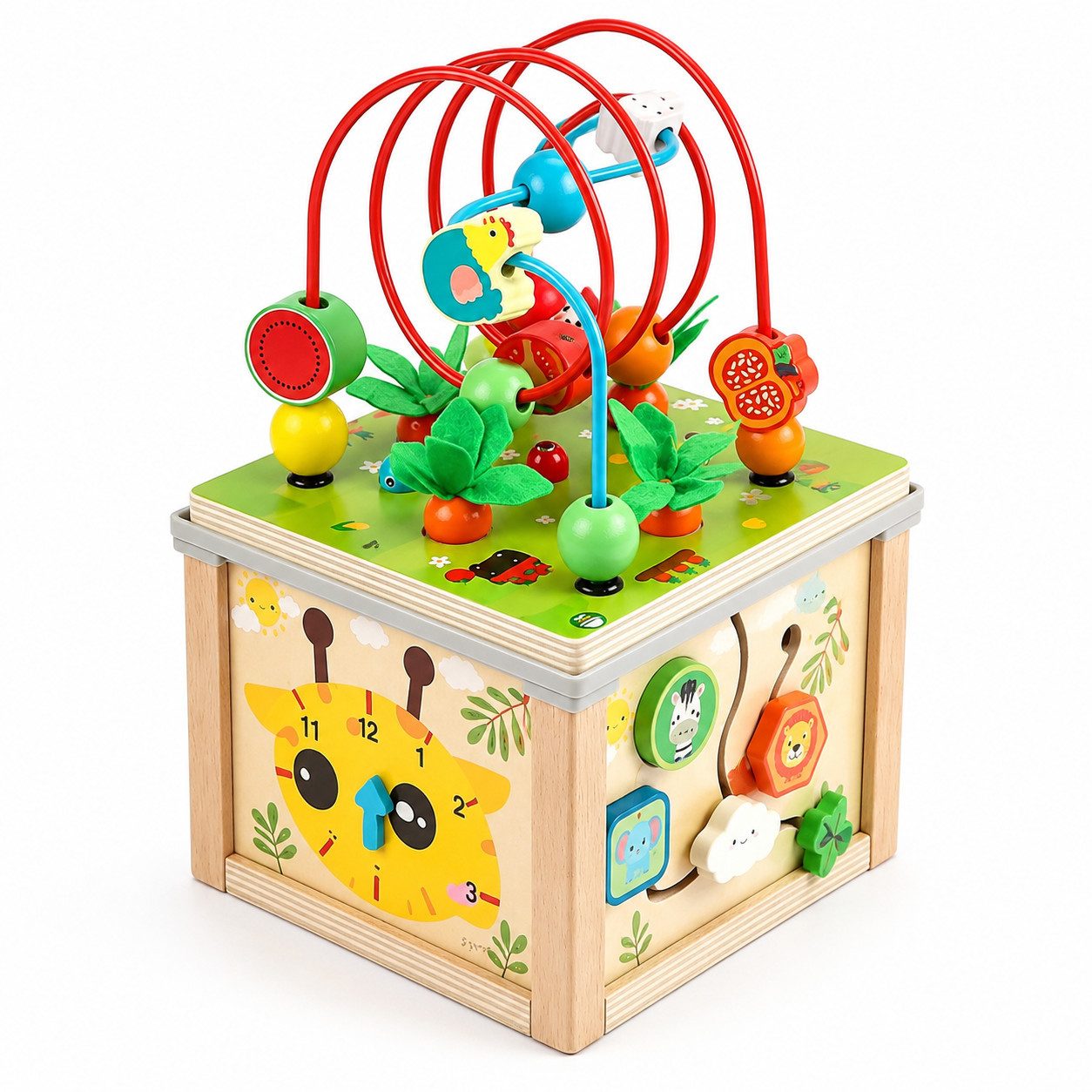 ibettertec Spielcenter Holz Motorikwürfel Montessori Spielzeug für Kinder ab 1 Jahr, (Packung, 1-tlg), Perlenlabyrinth, Xylophon, Lernuhr, Formensortierer für Feinmotorik