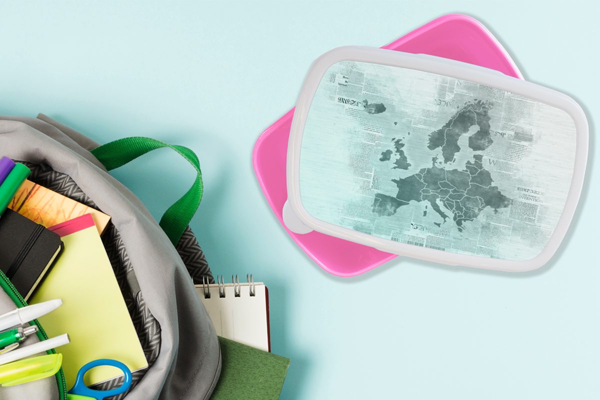 Brotbox Kinder, Karte Erwachsene, Zeitung Blau, für Mädchen, MuchoWow Brotdose Kunststoff, Kunststoff - rosa (2-tlg), Europa - Lunchbox von Snackbox,