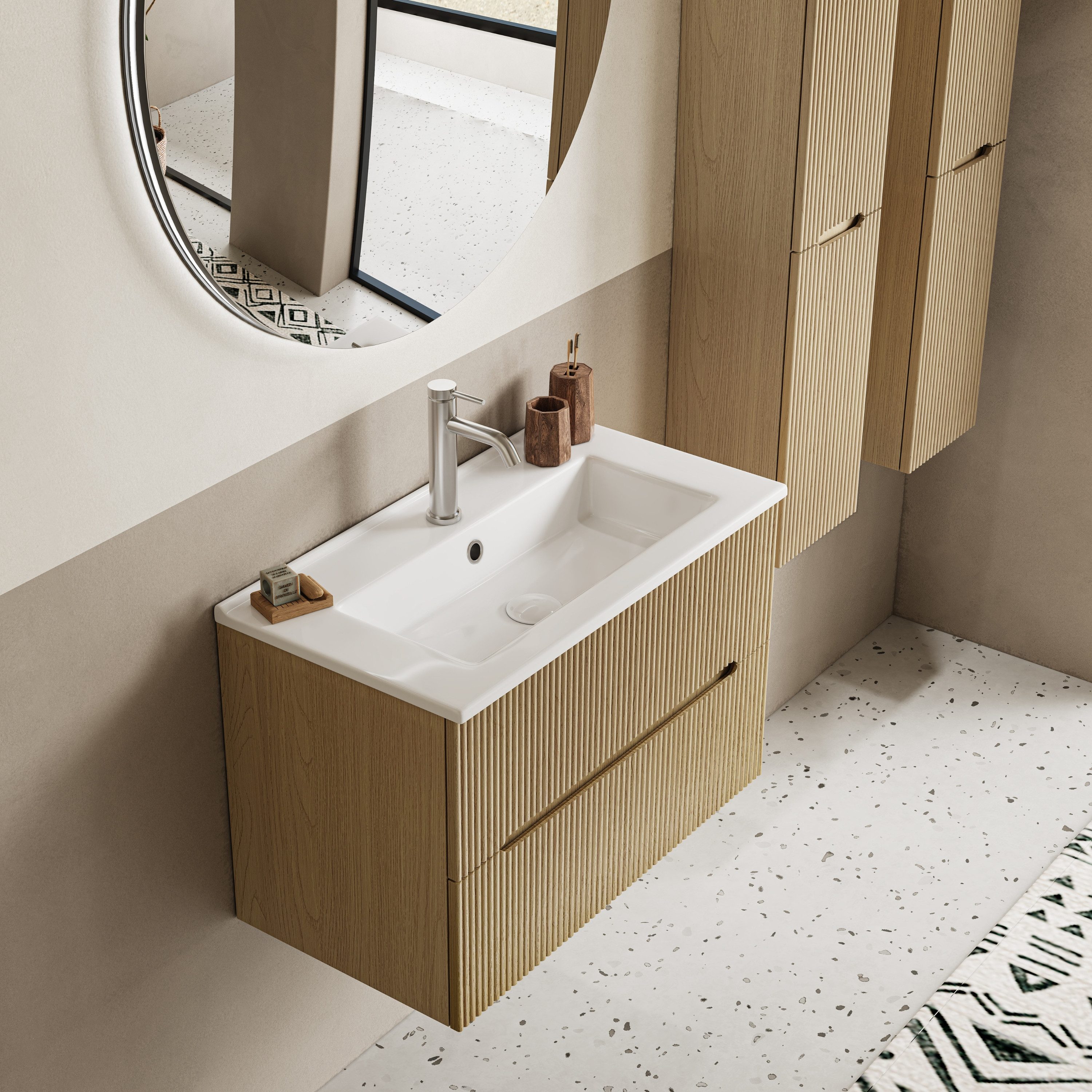 BRIDGE BENO Wandhängeschrank 61 cm Breiter Wandschrank Mit Keramikwaschbecken, 2 Schubladen, 1-tlg., geeignet Für Kleine Badezimmer/gäste-Wcs