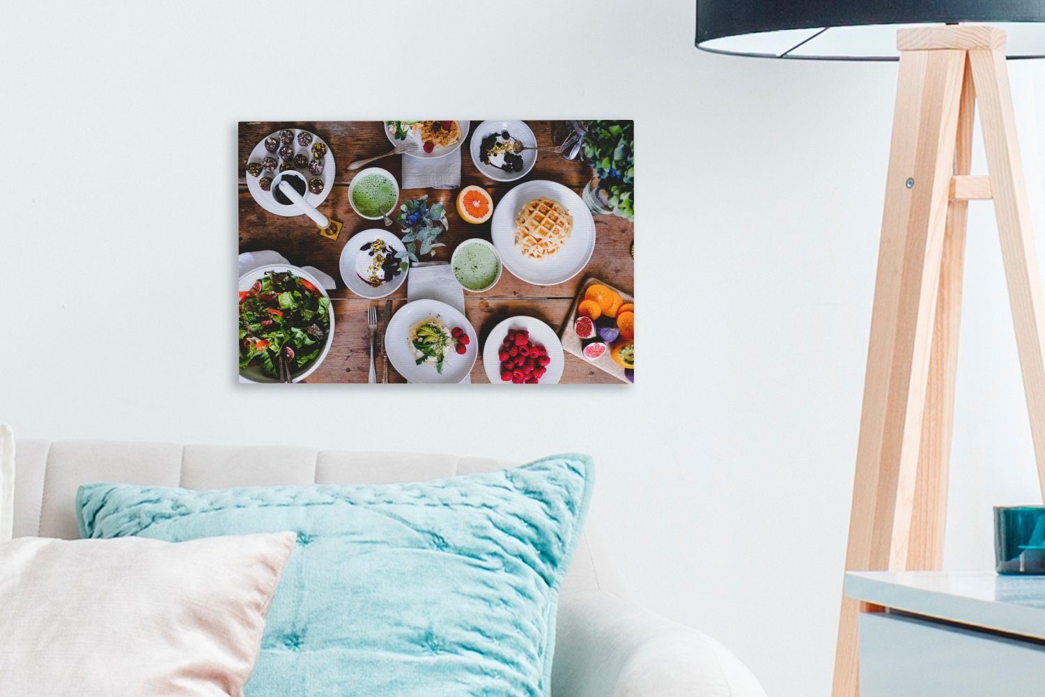 OneMillionCanvasses® Leinwandbild gedeckter Frühstückstisch, (1 reichlich 30x20 cm Wanddeko, Ein Aufhängefertig, Wandbild St), Leinwandbilder