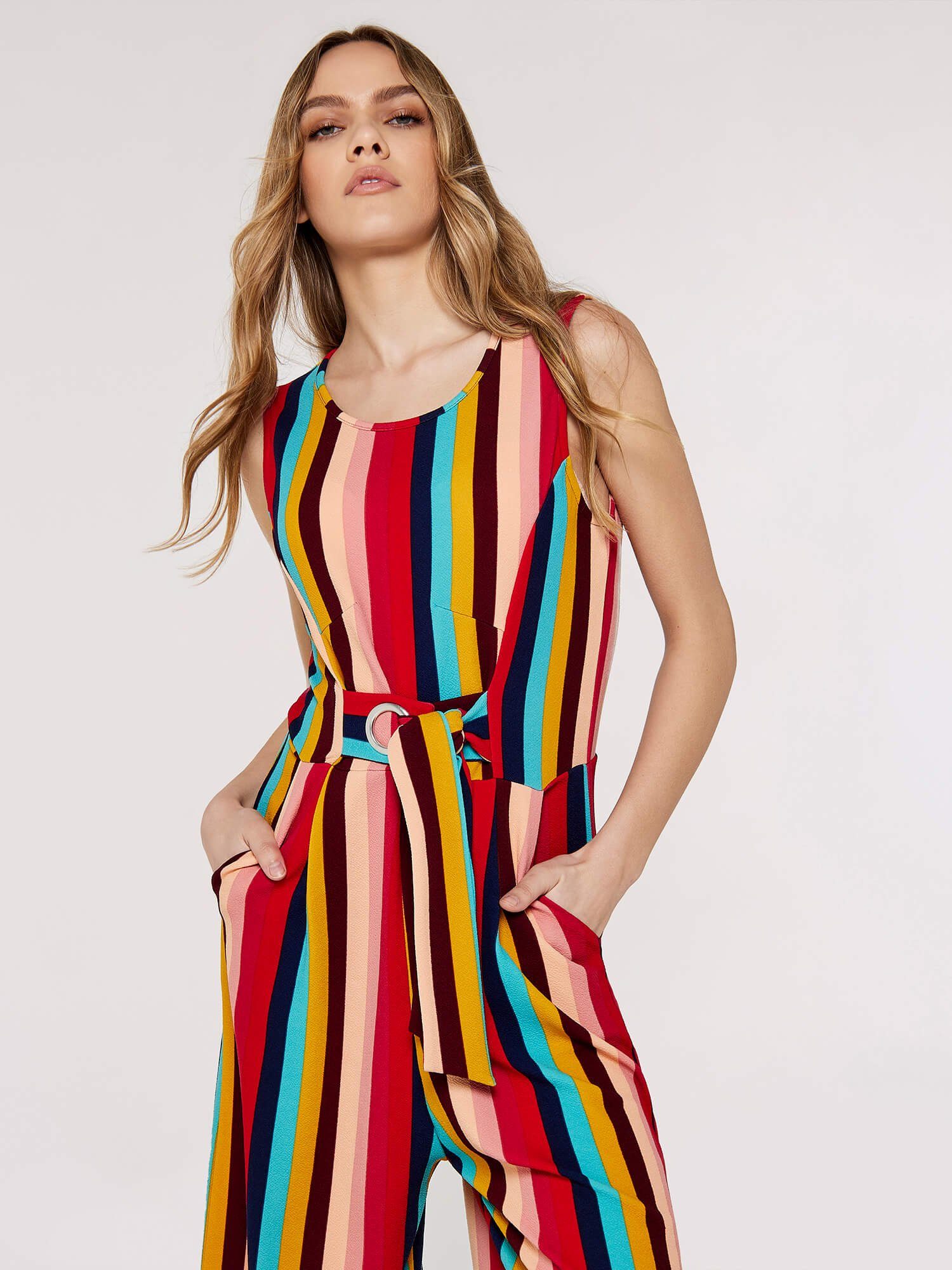Apricot Jumpsuit Multi-Stripe Tie Waist Jumpsuit, günstig online kaufen