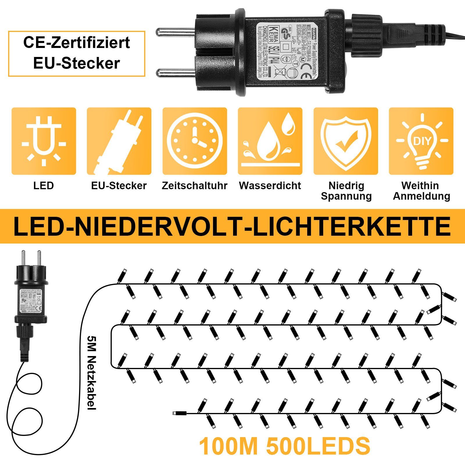 Sunicol LED-Lichterkette 5-100M lichterkette innen, USB/mit Stecker, Warmweiß, 500-flammig, Dimmbar, 8 Modi, Timer, für Weihnachten Garten Party – Bild 4 von 5