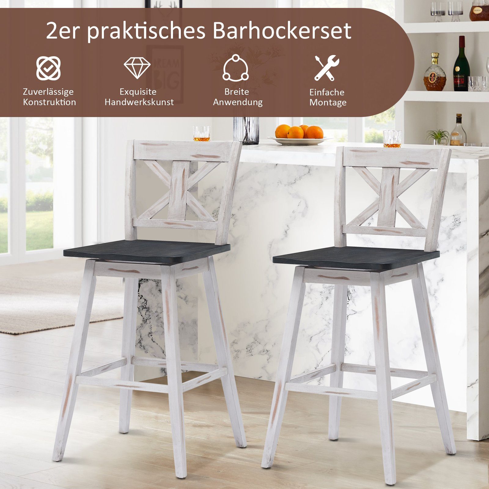 COSTWAY Barhocker (2er Set), drehbar, mit Lehne & Fußstütze, Sitzhöhe 73,5cm