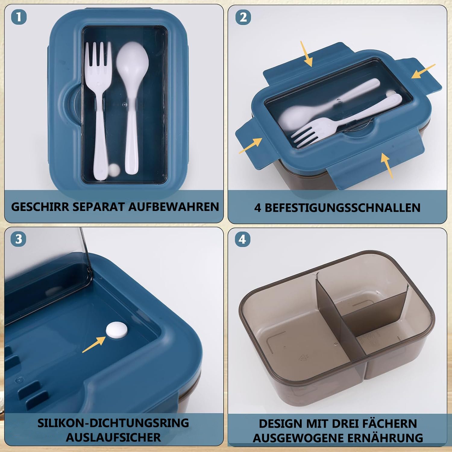 Venkuber Lunchbox 1400ml Bento Lunchbox – 3 Fächer: mikro/spülmaschinenfest, leckfest, Auslaufsicher, BPA-frei, 3 Fächer, 1400ml, inkl. Besteck, stilvoll.