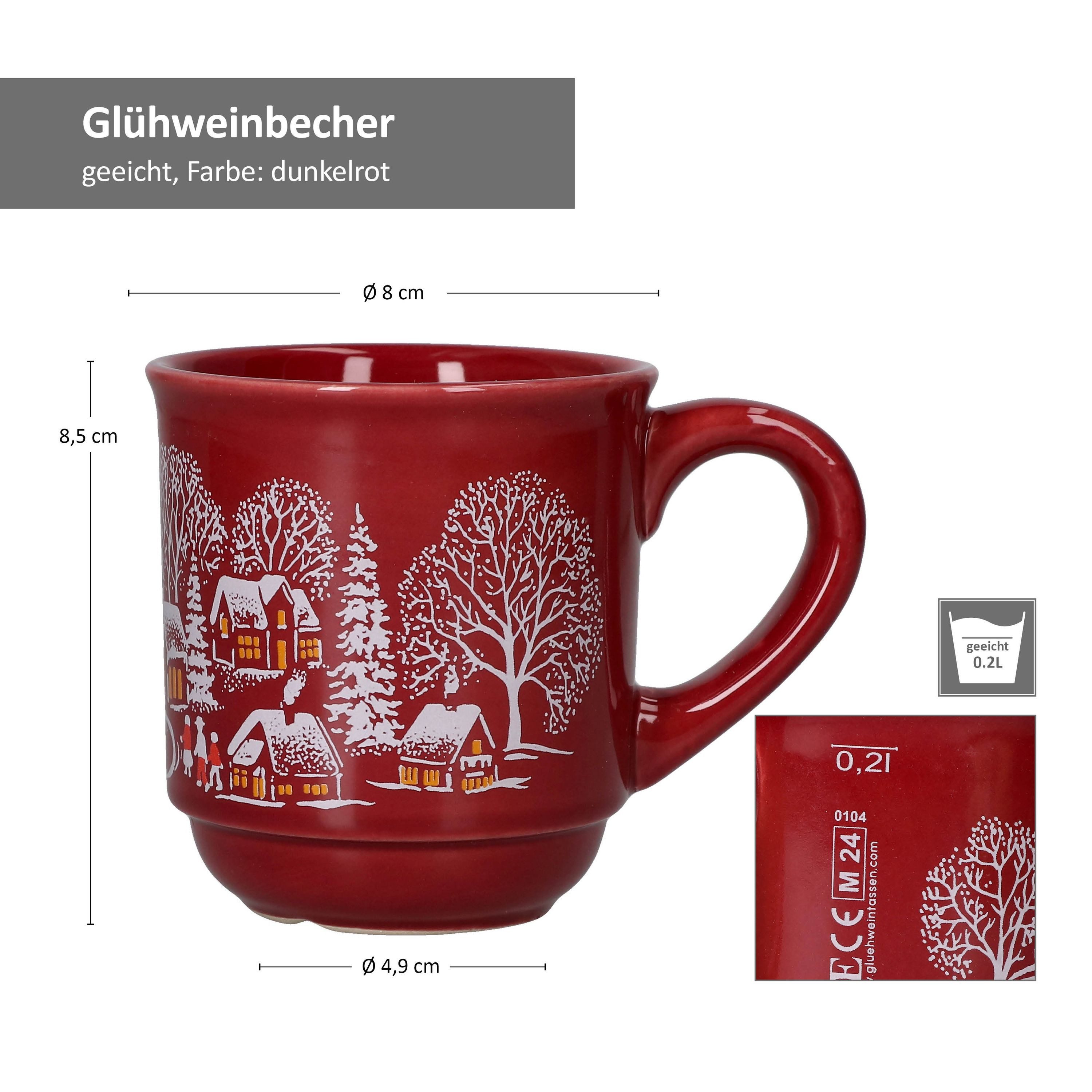 MamboCat Tasse 36er Set Glühweinbecher dunkelrot Weihnachtslandschaft 0,2L geeicht, Porzellan, Weihnachtsgeschirr, Weihnachten, Weihnachtsmarkt, Punsch