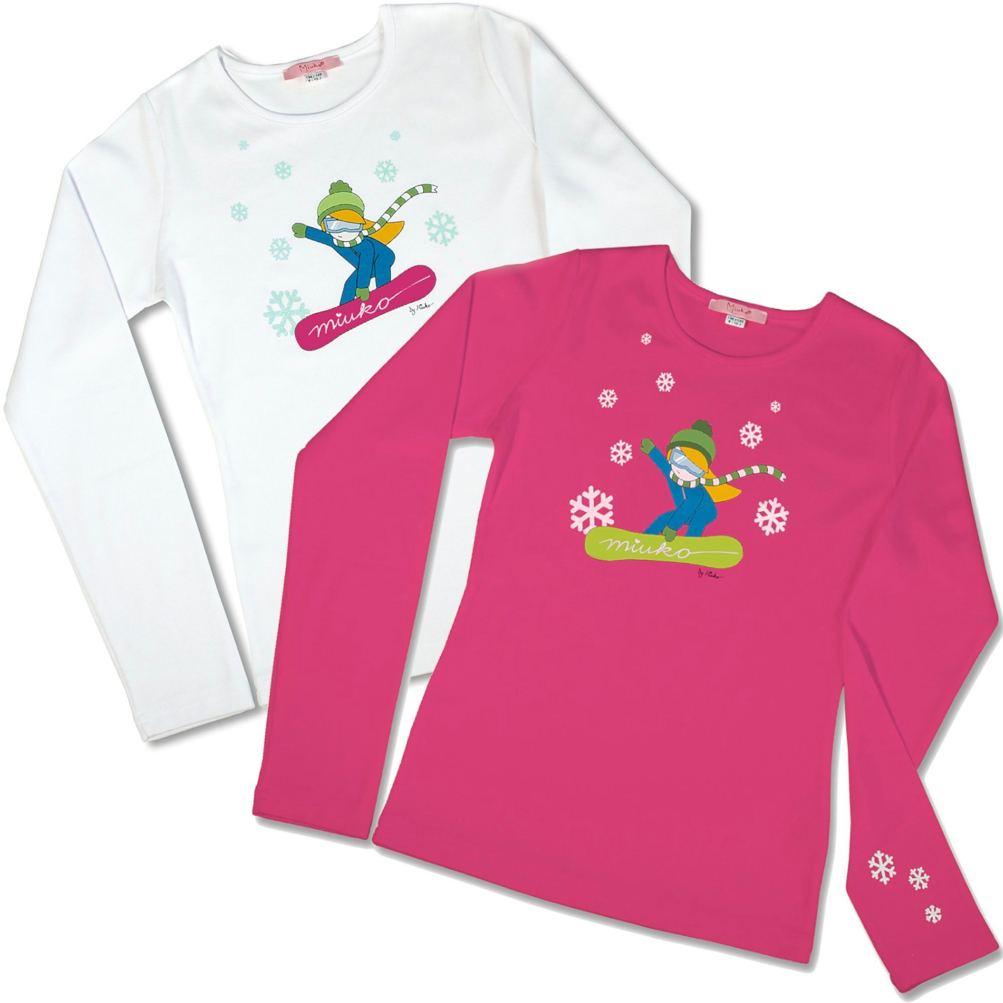 Miuko Langarmshirt für Mädchen weiß oder pink, T-Shirt langärmlig, Motiv Snowboarderin 100% Baumwolle 122 128 134 140 146 152 158 164