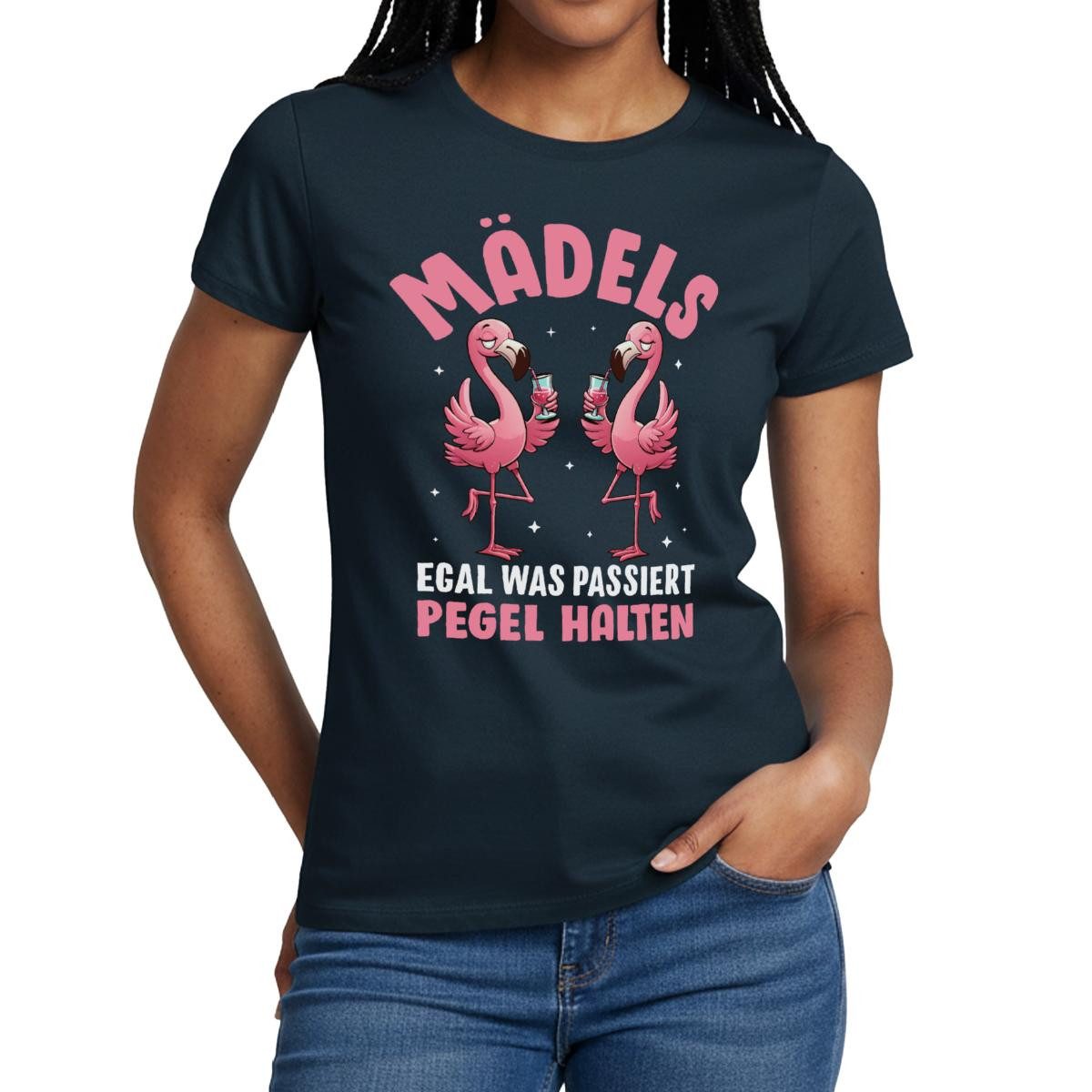 Spreadshirt T-Shirt Mädels Egal Was Passiert Pegel Halten Flamingo Frauen T-Shirt (1-tlg) Slim Fit, fällt klein aus