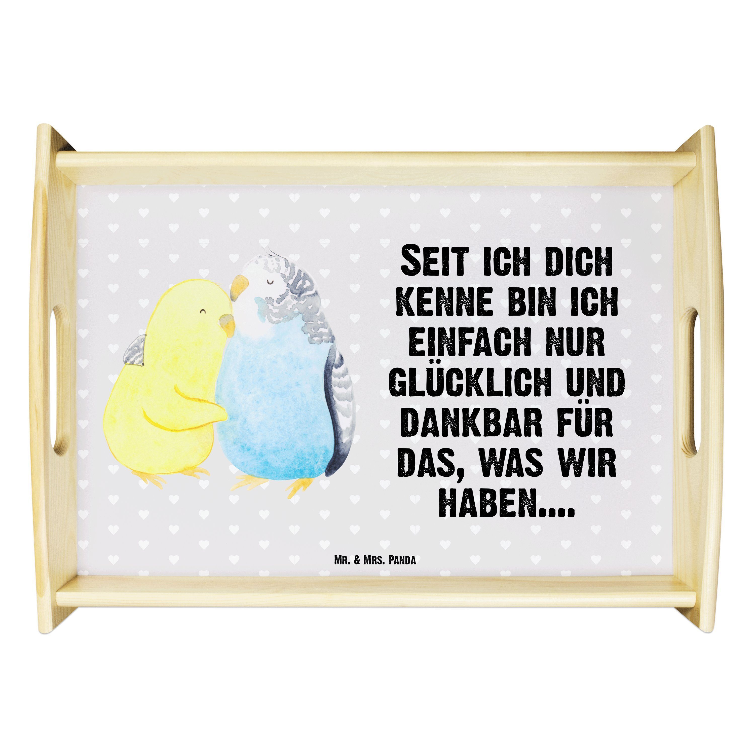 Mr. & Mrs. Panda Tablett Wellensittich Liebe - Grau Pastell - Geschenk, Kuscheln, Freundin, Eh, Echtholz lasiert, (1-tlg)