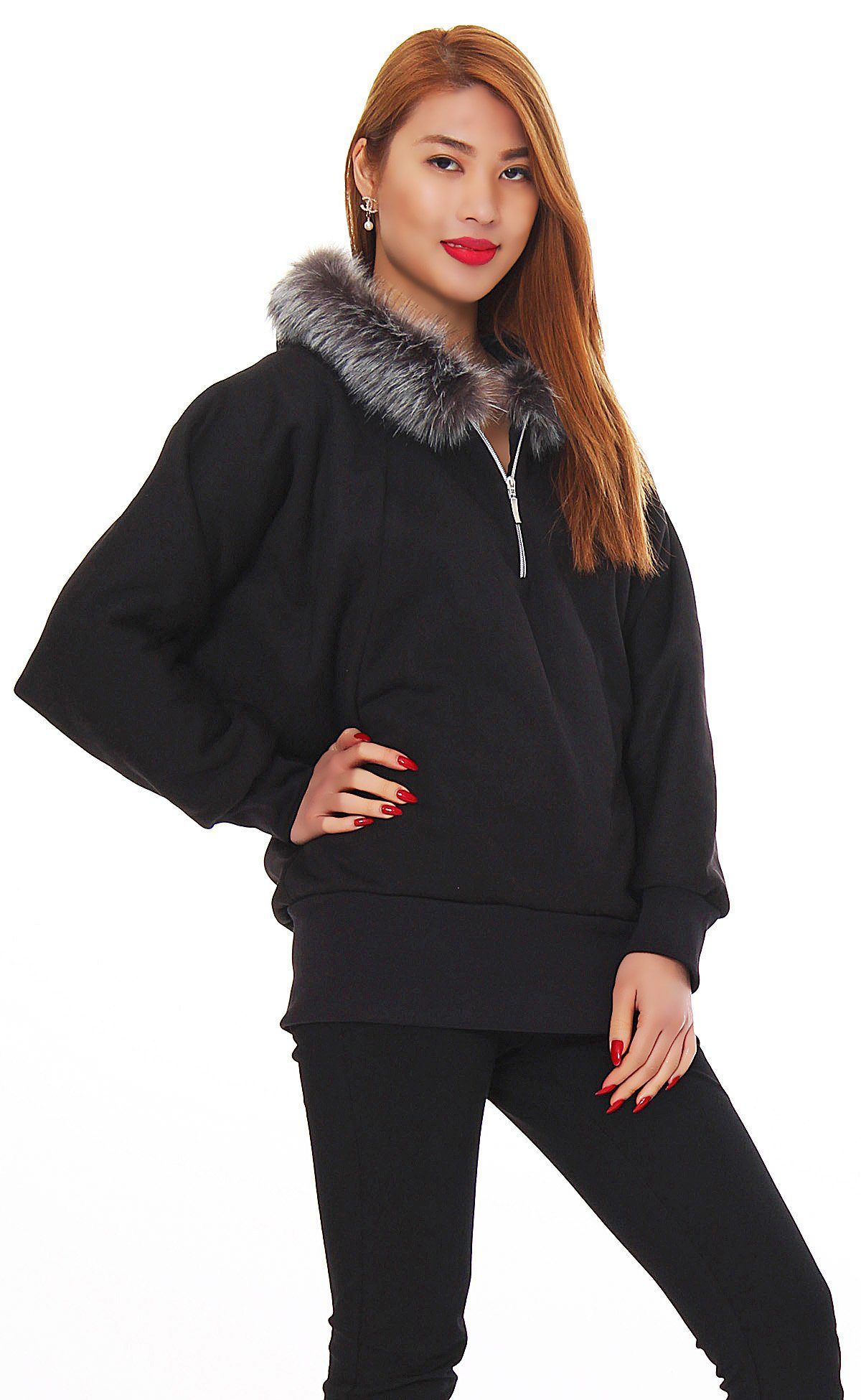 Mississhop Kapuzenfleecejacke Sweatshirt Sweatjacke mit Kunstpelz günstig online kaufen