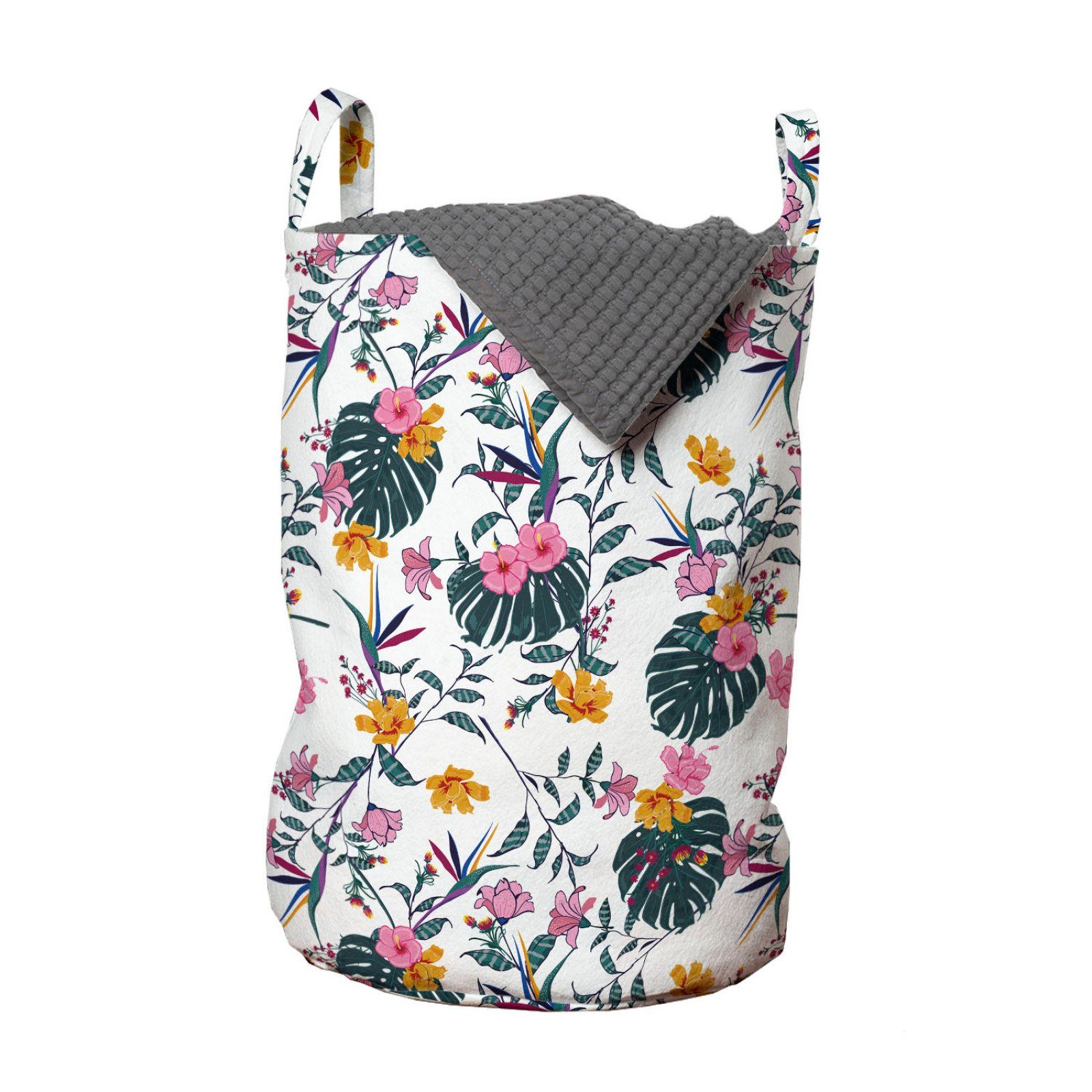 Abakuhaus Wäschesäckchen Wäschekorb mit Griffen Kordelzugverschluss für Waschsalons, Tropisch Exotische Blätter Blumen-Kunst