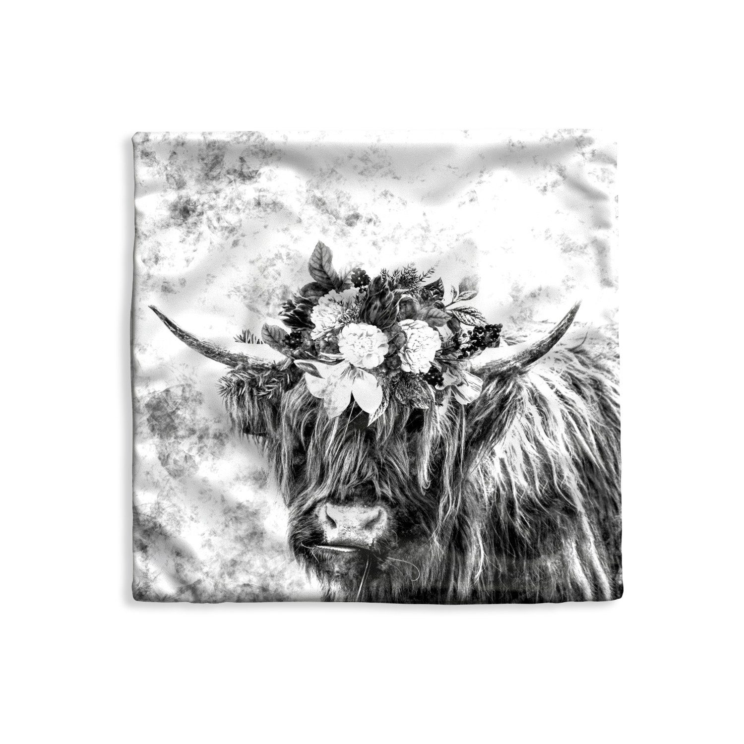 MuchoWow Dekokissen Schottischer Highlander - Blumen - Schwarz - Weiß, Kissenbezüge, Kissenhülle, Deko Kissenbezug, Kissen, 40x40 cm