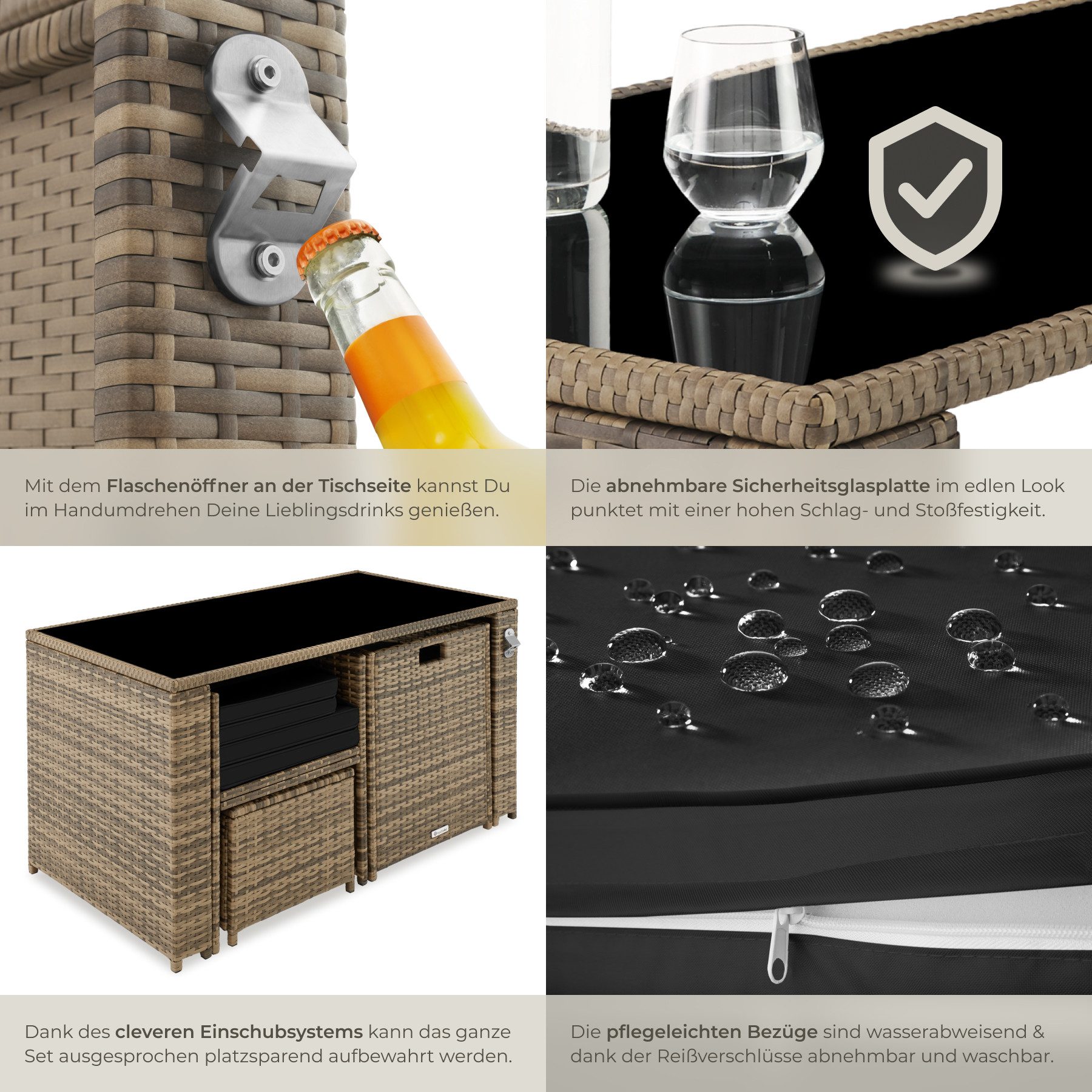 tectake Sitzgruppe Gartenmöbel Set aus Polyrattan für 2-4 Personen, UV-beständig, (Balkonmöbel Palermo, 5-tlg., in Natur), Tisch mit Sicherheitsglasplatte und p – Bild 5 von 5