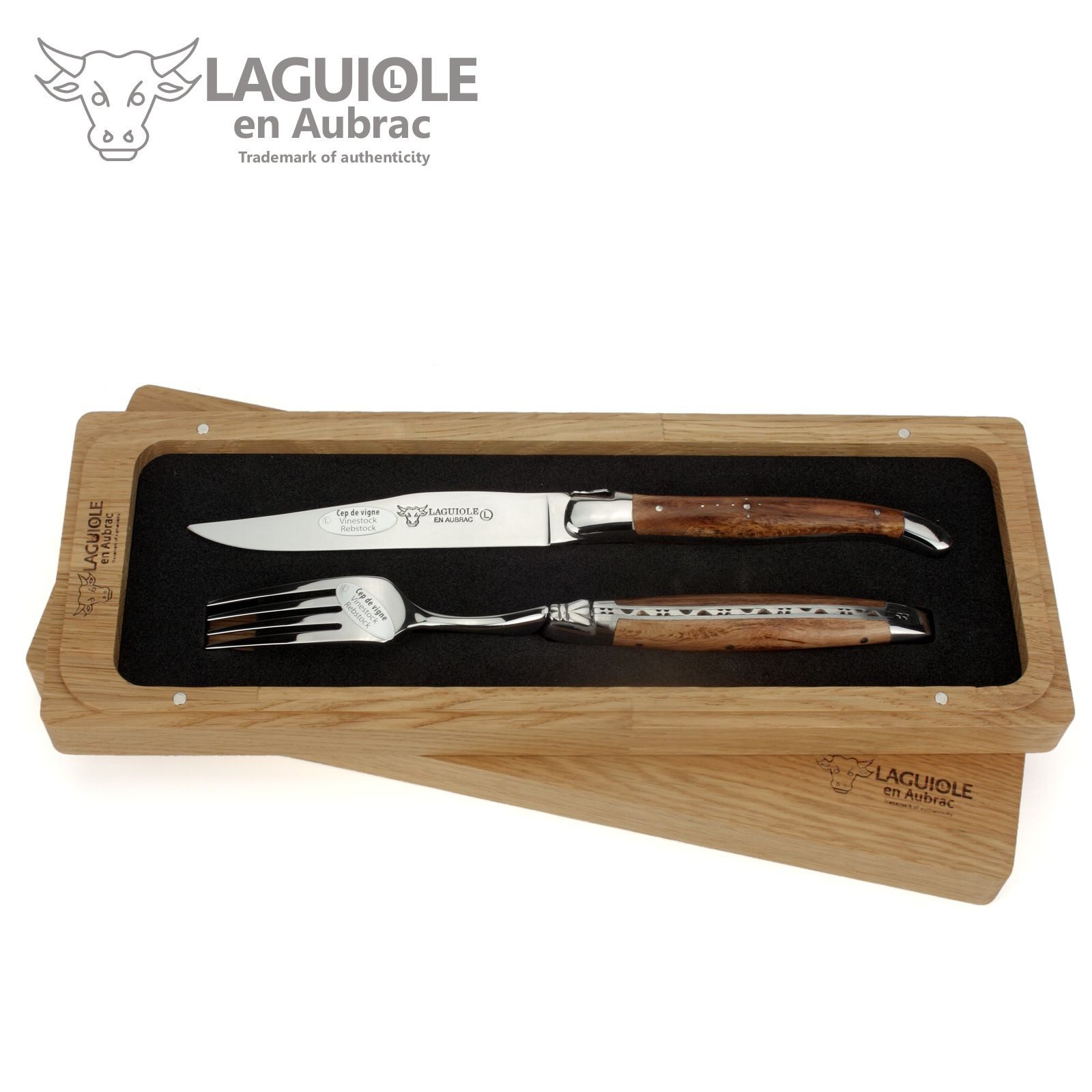 Laguiole en Aubrac Steakbesteck 1CF99CVIH, 1 Messer / 1 Gabel - Griff Weinrebe - Backen glänzend - Stahl glänzend