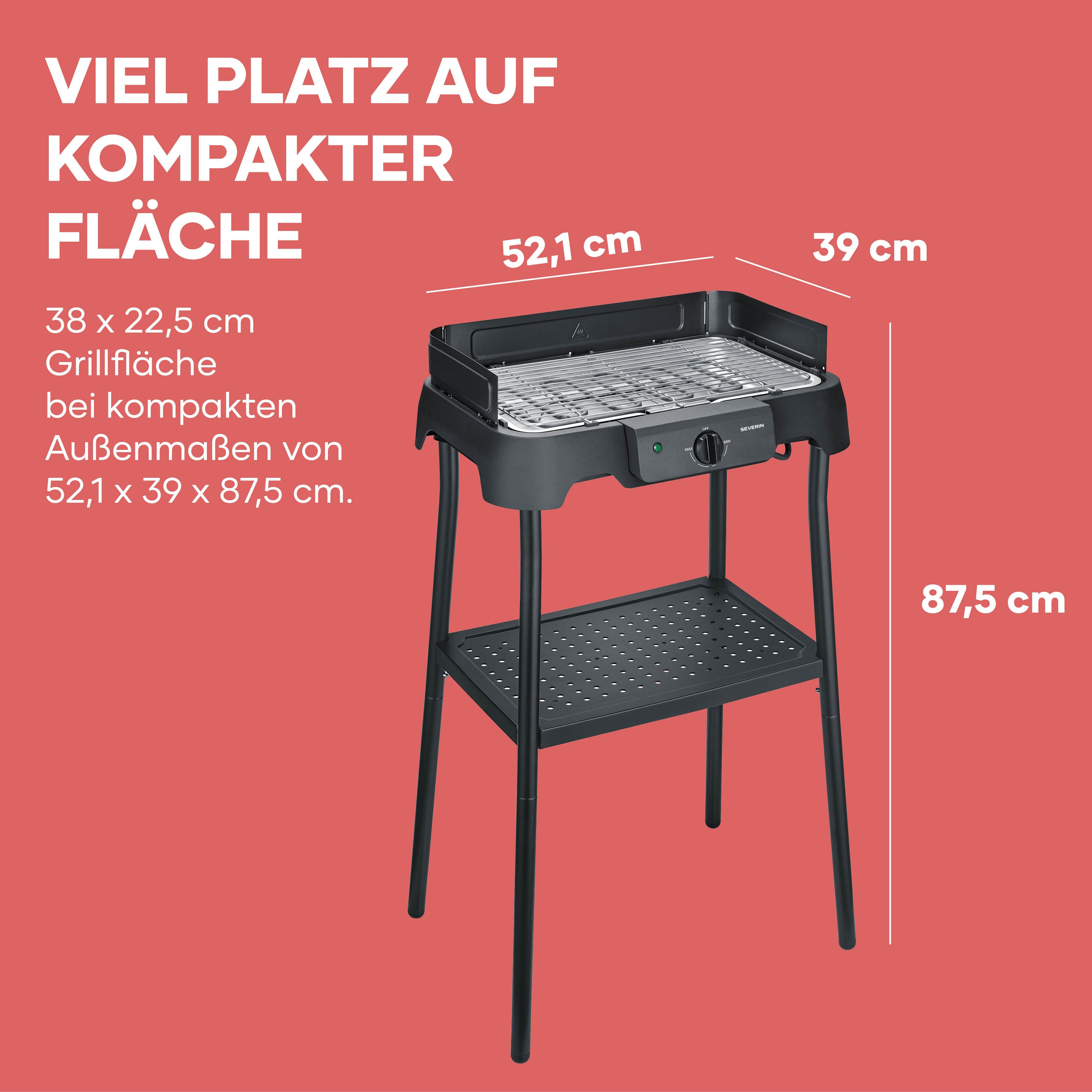 Severin Elektrogrill PG 8594, 2000 W, 35-200°C, 38x22cm, Auffangschale, Edelstahl-Grillrost, Balkongrill