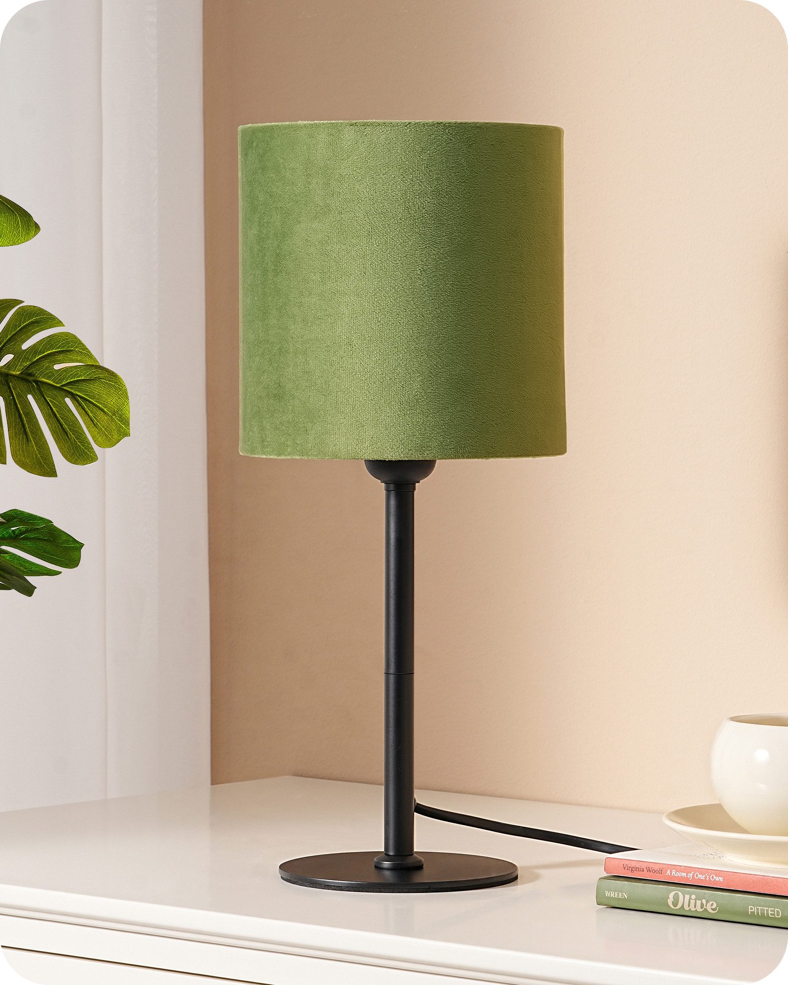 EDISHINE Nachttischlampe mit schwarzem Metallsockel und Samtschirm, LED wechselbar, Warmweiß, Grüne Gold Vintage Tischlampe inkl. 2700K LED Leuchtmittel, 38cm