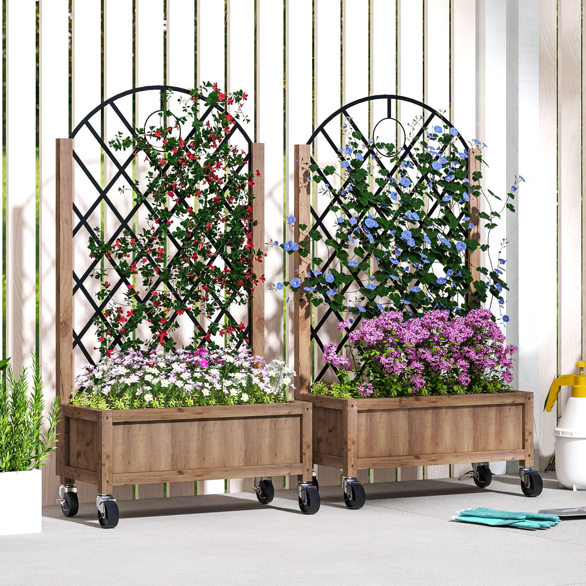 Outsunny Hochbeet 2er Set, mit Rolle, Rankgitter, aus Holz (Pflanzkasten, 2 St., Spalier Pflanzkübel), 52x25x97cm, für Garten, Balkon, für Kletterpflanzen Korbpflanzen