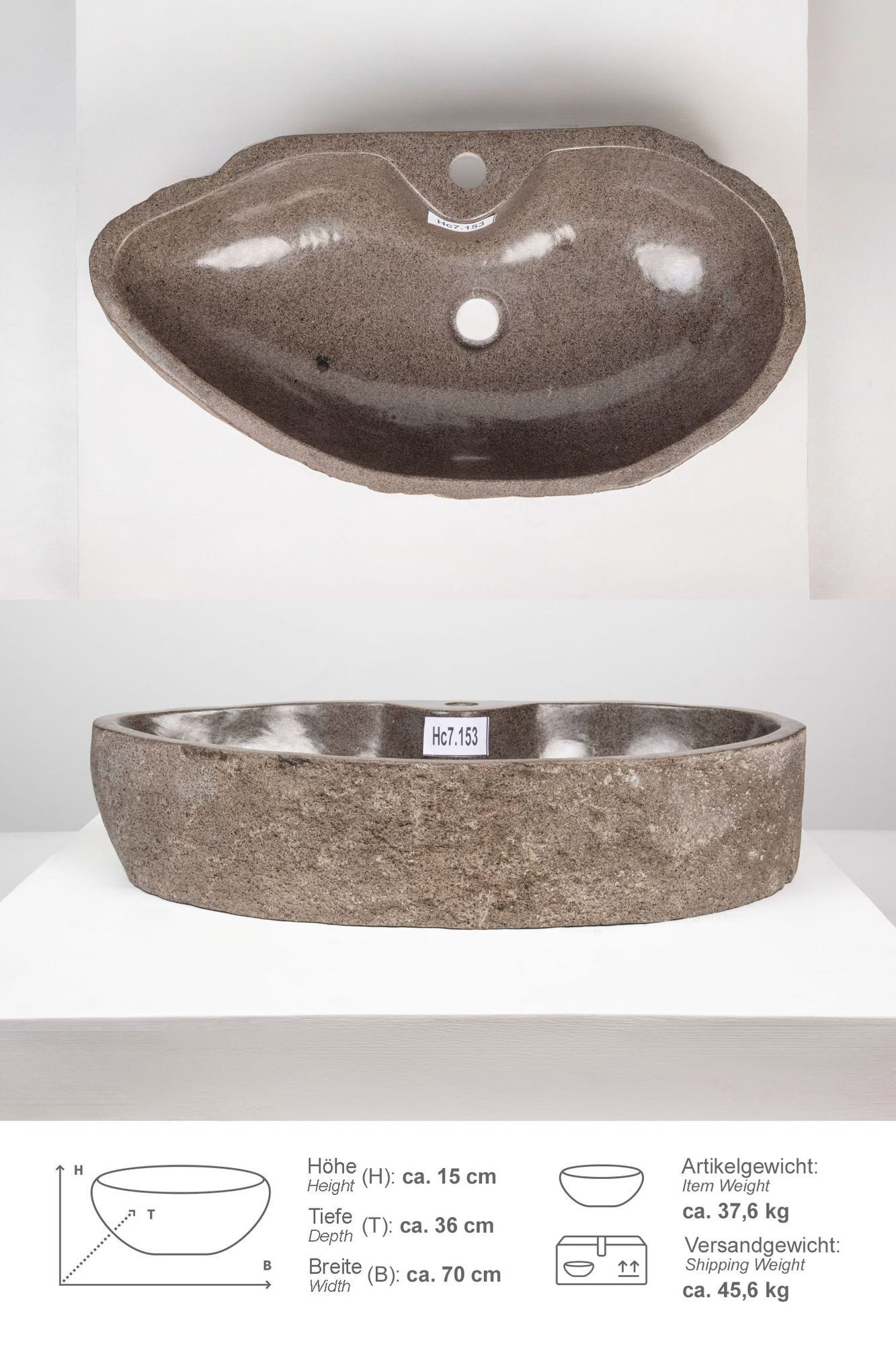 wohnfreuden Aufsatzwaschbecken Naturstein Waschbecken 70 cm mit Hahnloch (Kein Set), 124816_Hc7.153