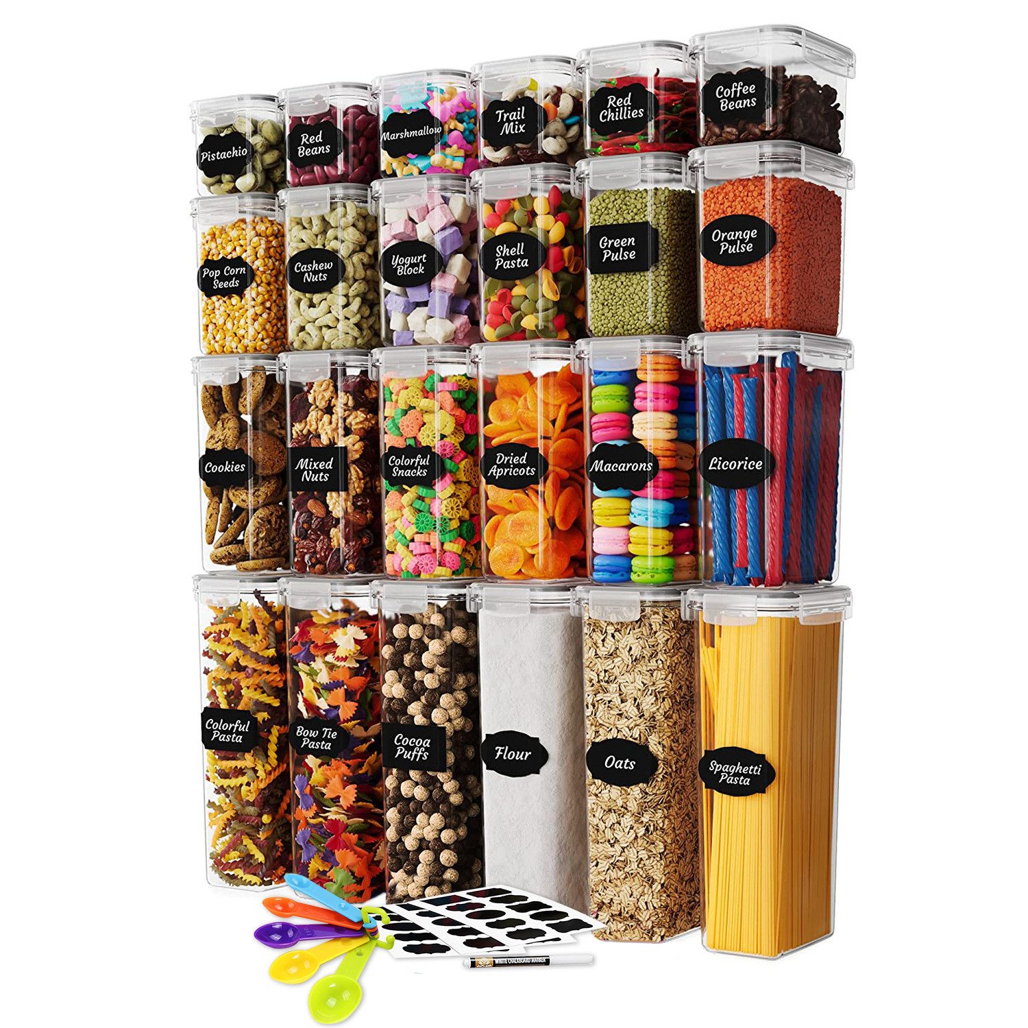 OSTWOLKE Vorratsdose 15/24 Set Vorratsbehälter mit Deckel Luftdicht Küche Aufbewahrungsbox, Polyprophylen, (24-tlg), 0,8/1,4/2,0/2,8L Volumen, mit Etiketten, Mark Stift & Löffel