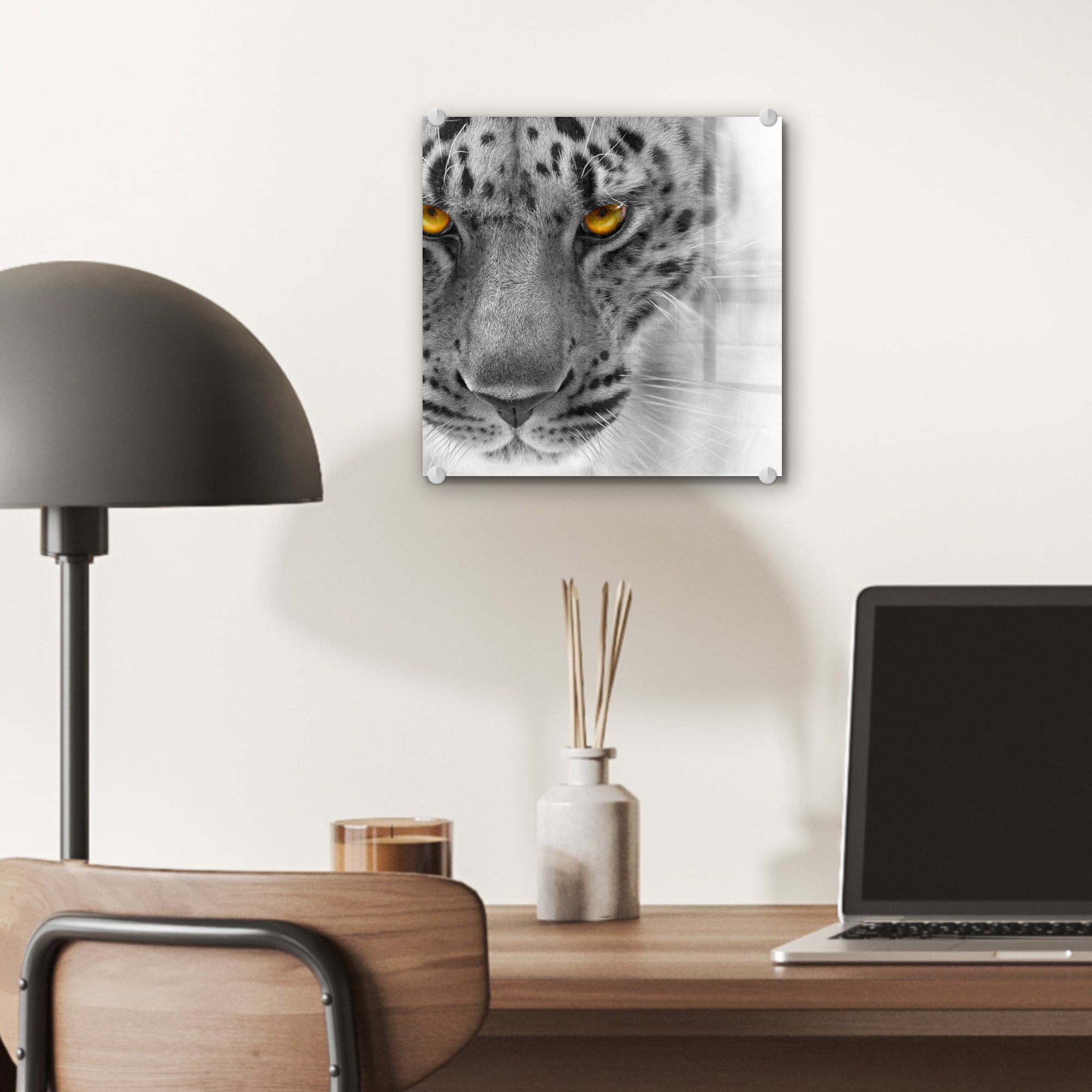 - MuchoWow - Wanddekoration (1 - - St), Glas - auf Foto Augen Acrylglasbild Bilder Leopard Wandbild Schwarz Weiß, Glas - auf Glasbilder