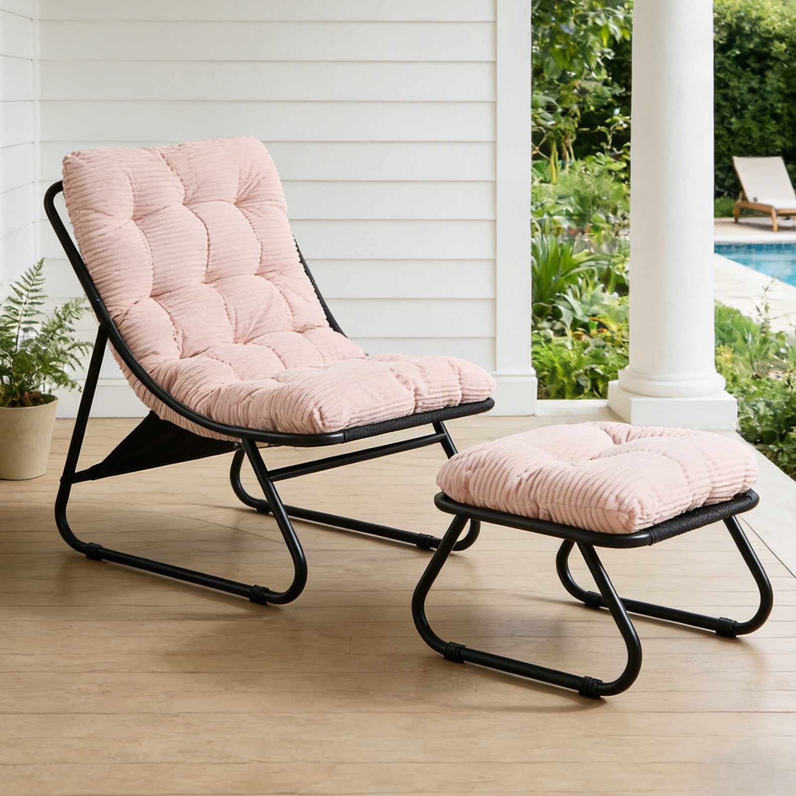 LVHOM Loungesessel mit Hocker, wasserdichtem Stahlrahmen, ergonomisch, für In-/Outdoor (Relaxsessel, bequeme Sitzfläche, Hocker als temporärer Sitz/Schuhwechselbank, rutschfestes Design, rostfreier Metallrahmen, Tragfähigkeit 130 kg), für Garten, Balkon, Wohnzimmer, Schlafzimmer, Arbeitszimmer, Innenhöfe