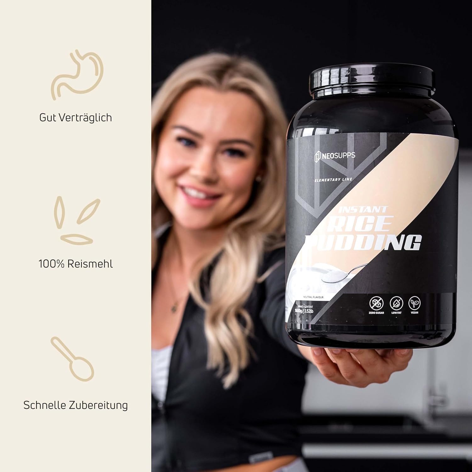 Neosupps Instant Rice Pudding 1600g, Pre Workout Reispudding, Protein Porridge Pulver, 1600 g, Made in Germany, Reisflocken, 100% Feines Reismehl, Puddingpulver