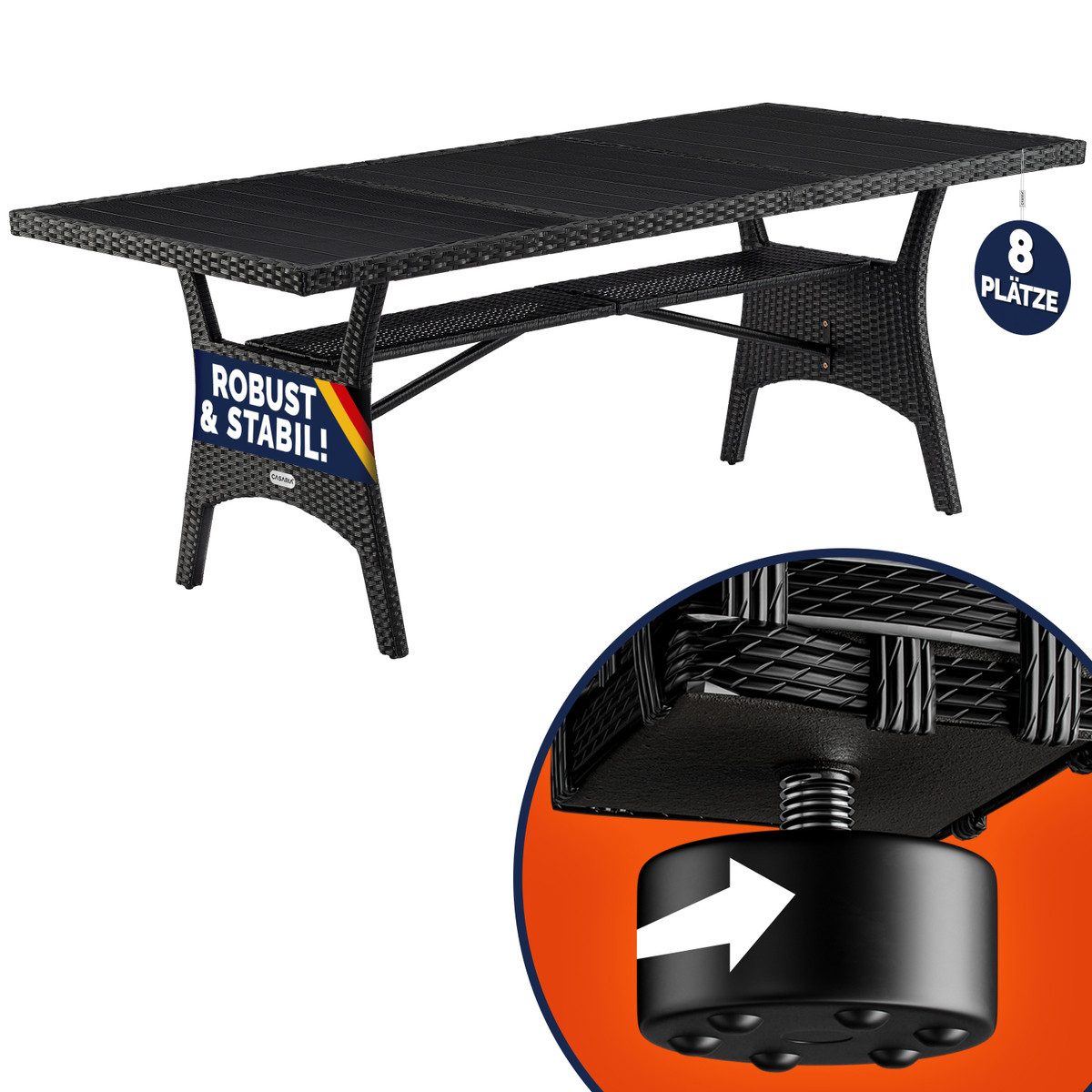 Casaria Gartentisch (1-St), Polyrattan 190x90x74cm mit Ablage WPC-Tischplatte Höhenverstellbar