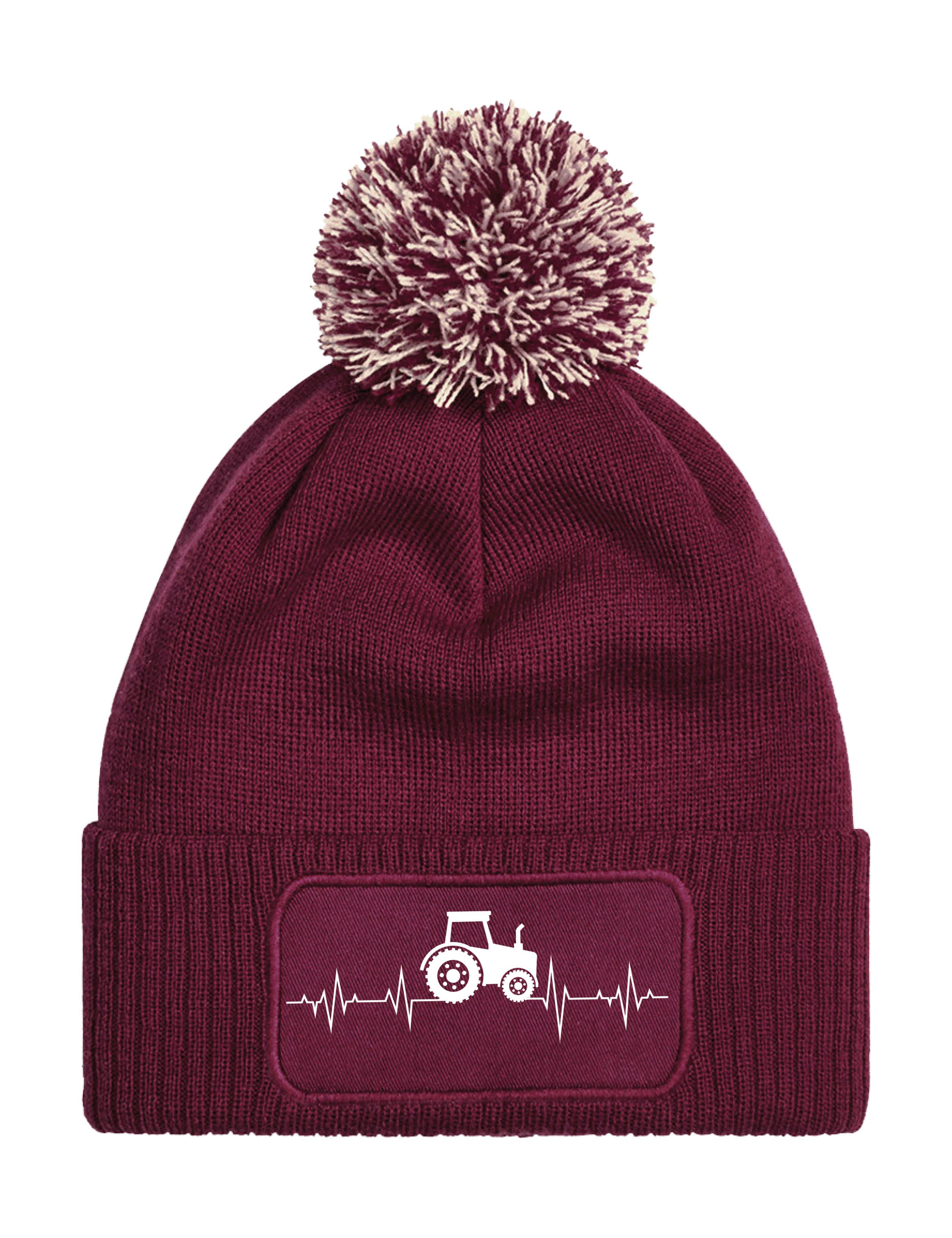 Beanie Unisex Strick Bommel Beanie Mütze mit Heartbeat Traktor Aufdruck